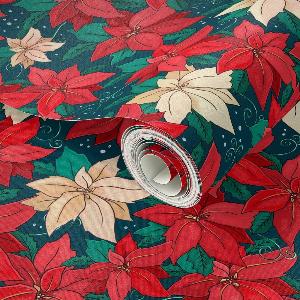 poinsettia christmas holiday floral repeat pattern available for art licensing for fabric, wrapping paper, stationery products.