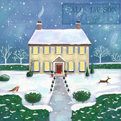 Grand Country Manor Home Illustration in the Snow, winter scene garden.