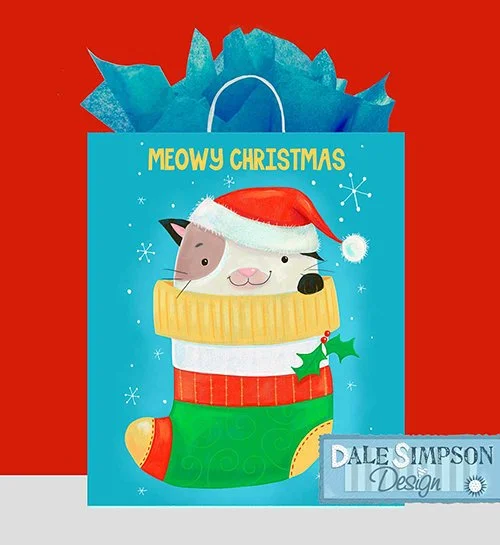 A festive holiday card featuring a cute illustration of a cat dressed in Christmas attire, including a Santa hat and a Christmas stocking, with the text 'Meowy Christmas' at the top and holly decorations. Gift bag art, art licensing artist, illustrat