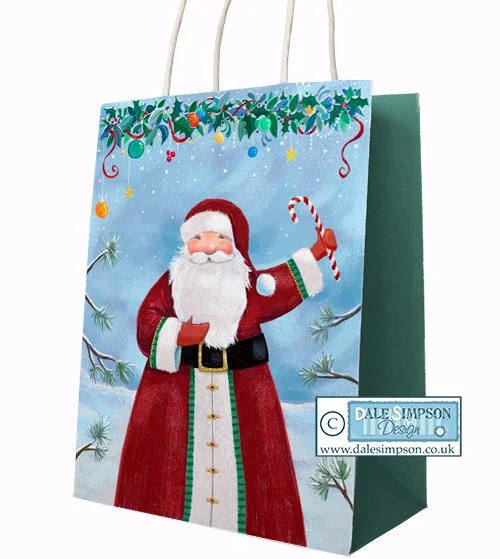 Christmas gift bag with Santa Claus holding a candy cane, decorated with snow, pine branches, and holiday ornaments. Available for license for christmas holiday giftware and products.