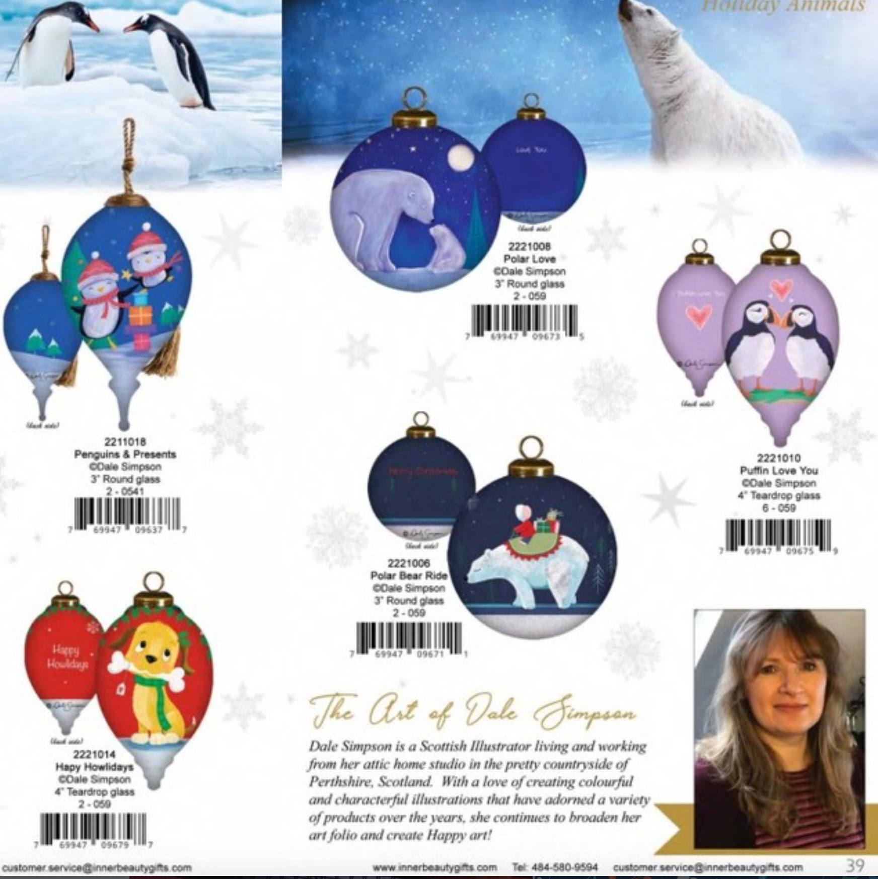 Display of various Christmas-themed glass ornaments featuring winter and holiday designs, including penguins, polar bears, penguins, a bear riding a sleigh, and a dog, with some ornaments labeled with their names and descriptions. ornaments by inner 