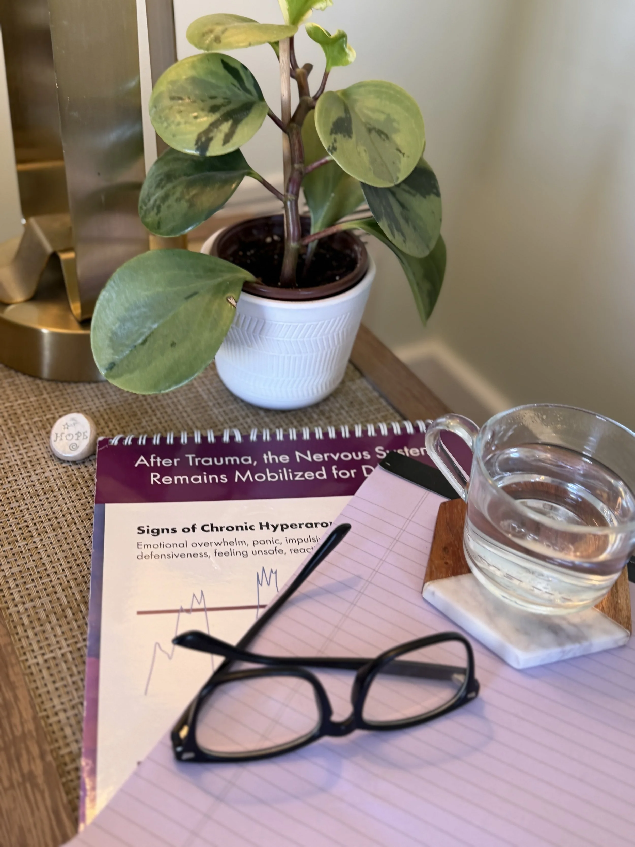 Trauma and PTSD therapy in Connecticut tools like flip chart, notebook and worry stone.