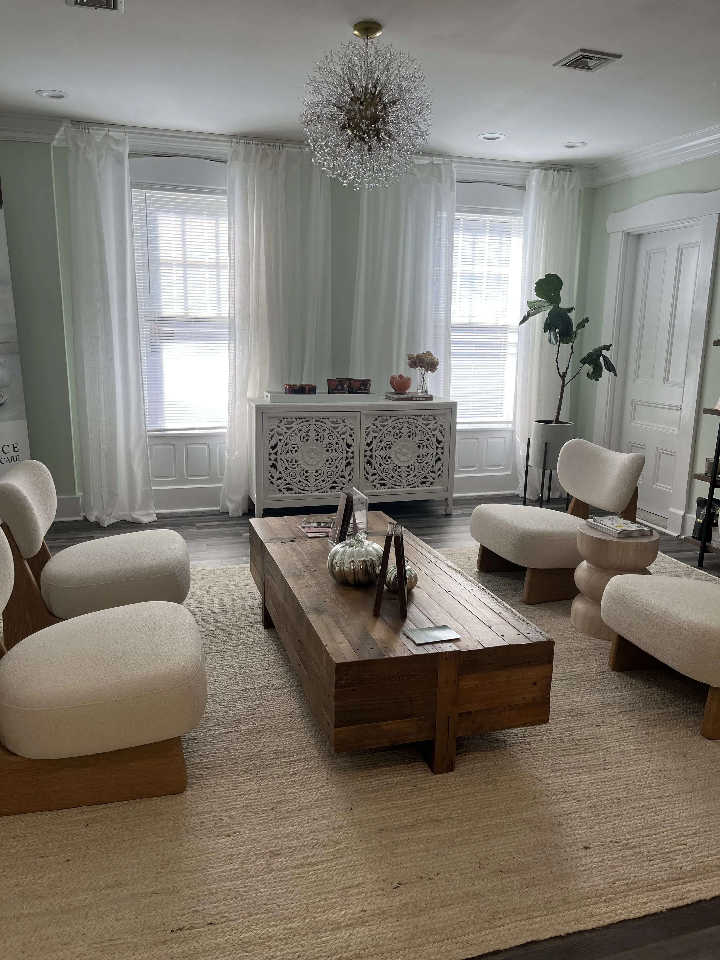Waiting room inside Green Lotus Salon and Laura DeCapua Therapy office in New Britain, CT