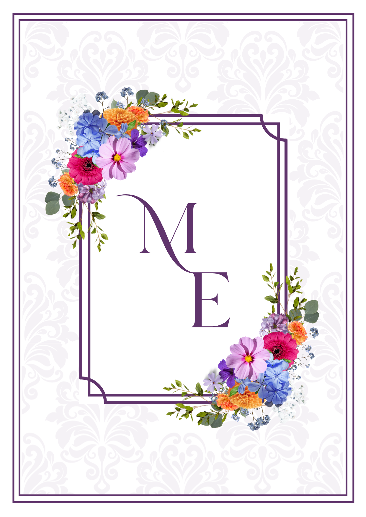Carte de fête avec des fleurs colorées et les lettres 'M' et 'E' en violet au centre, entourée d'un cadre violet et d'un arrière-plan blanc avec un motif délicat.
