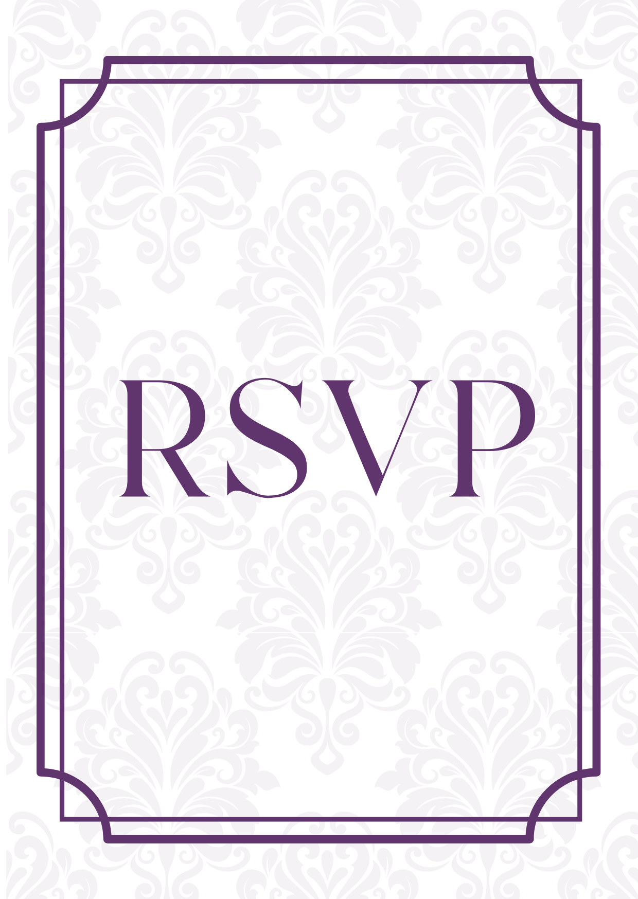Invitation avec motif floral en fond, cadre violet et texte 'RSVP' au centre.