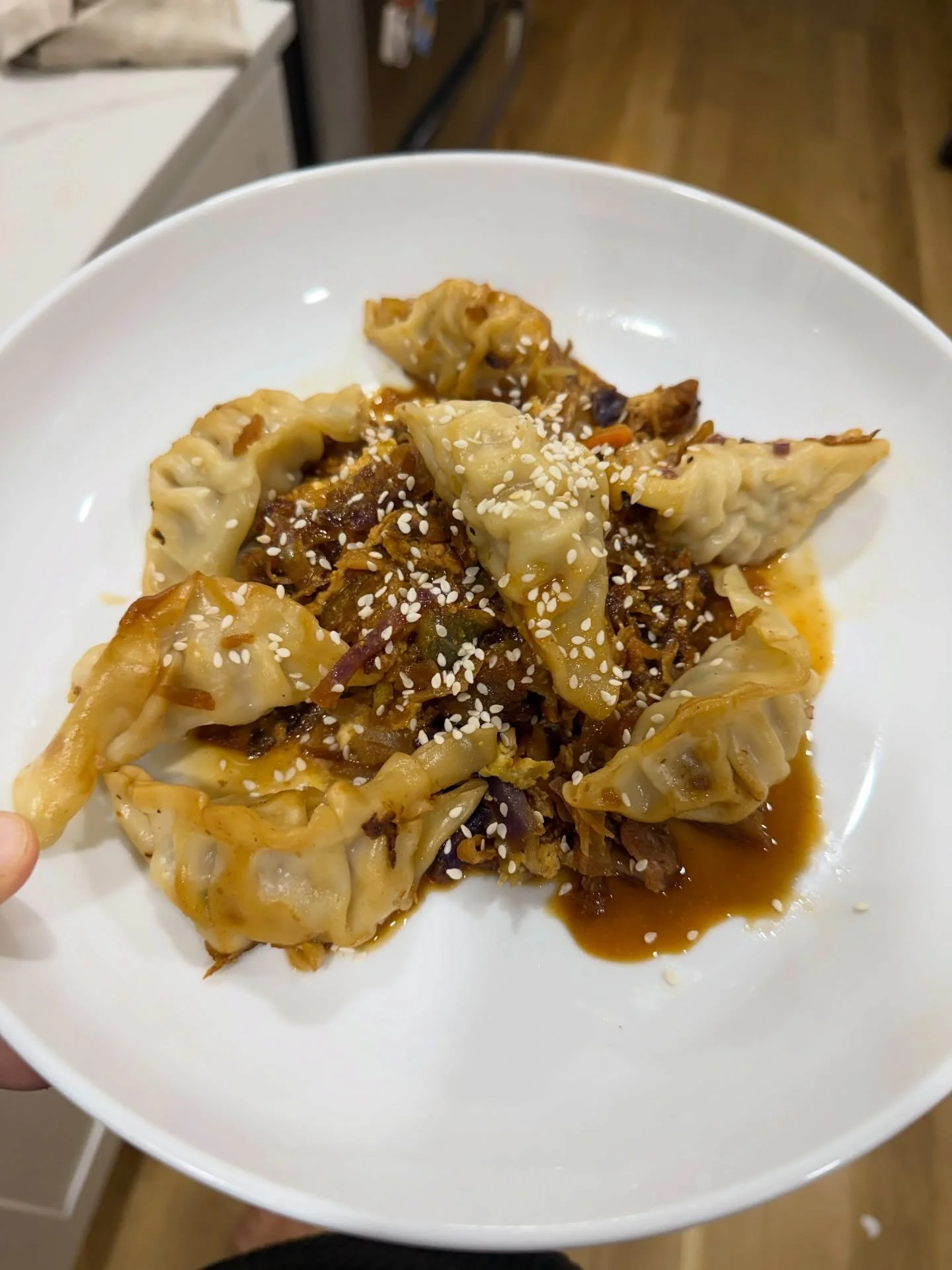 If you&rsquo;re looking for a really fast, really flavorful *dump* meal look no further. 

1 bag coleslaw mix
1 bag frozen dumplings
2 eggs
1 tbsp soy sauce
1-2 tbsp honey
1 tsp sesame oil
1 tsp rice vinegar 

Saut&eacute; coleslaw mix in 2 tbsp neut