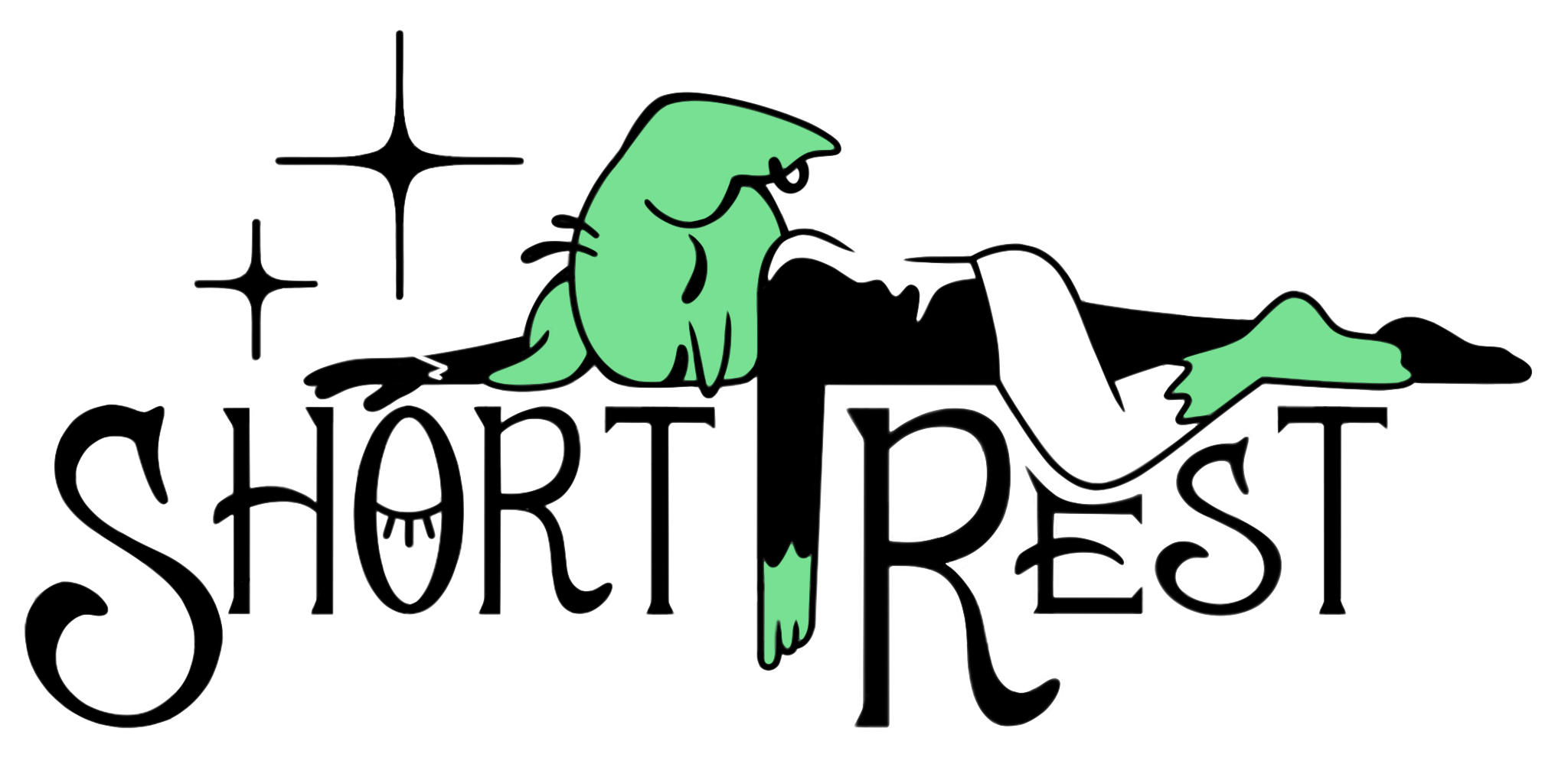 A line drawing of a goblin with green skin lying down, with their head resting on a large word 'Short Rest' in black. The goblin appears to be sleeping or resting, and there are stars near their head.