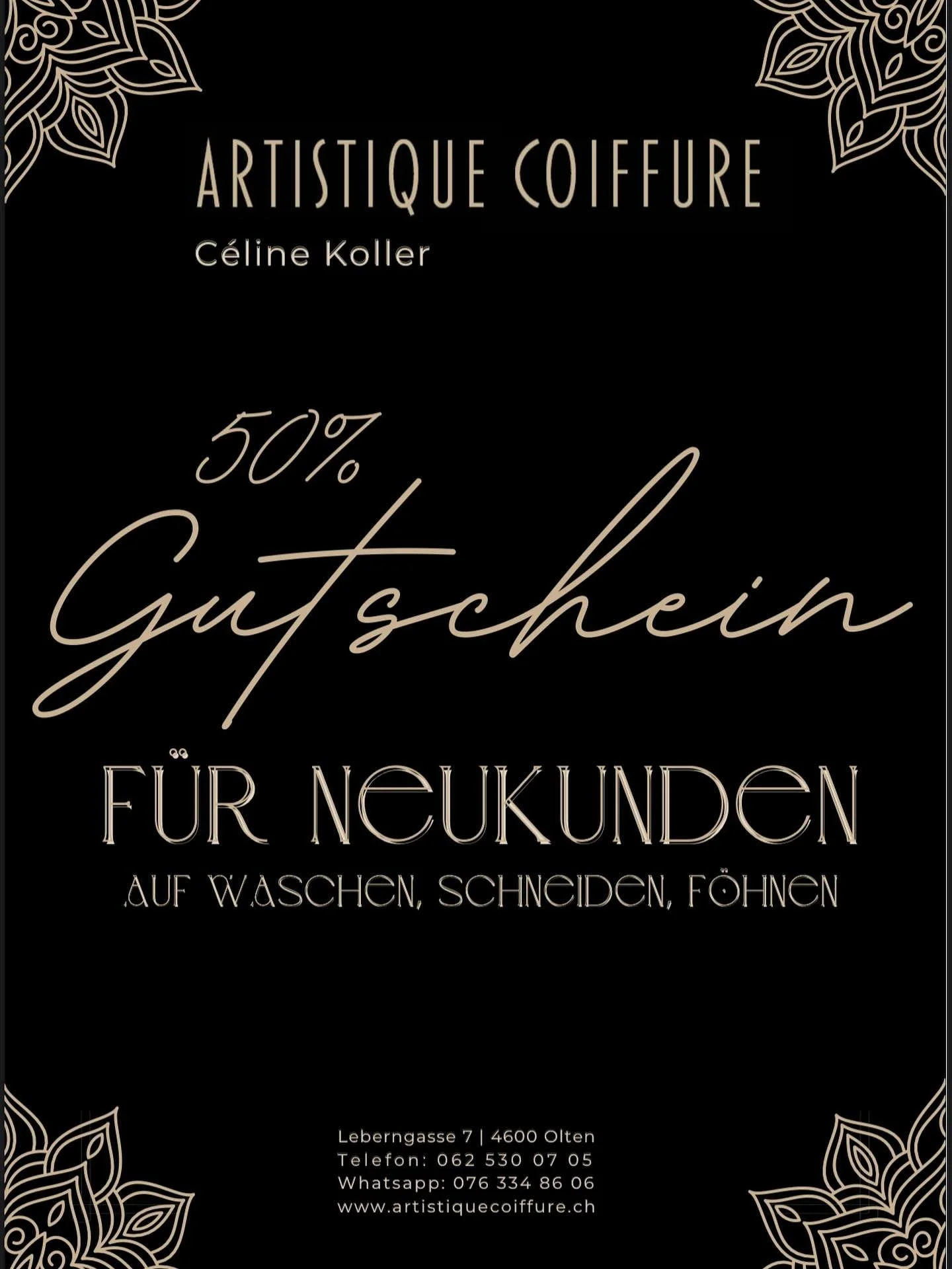 F&uuml;r Neukunden und Neukundinnen biete ich im September eine Aktion mit 50% auf einen neuen Haarschnitt an. Ich freue mich neue Gesichter kennenzulernen und auf neue Herausforderungen.
Teilen gerne erw&uuml;nscht.
C&eacute;line 🤍