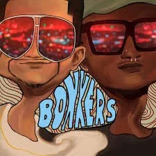 Album cover of "Bonkers" by ill Fayze and Black Sam, cartoon illustration of two people wearing large sunglasses with red reflections, text 'BONKERS' in bold baby blue letters below.