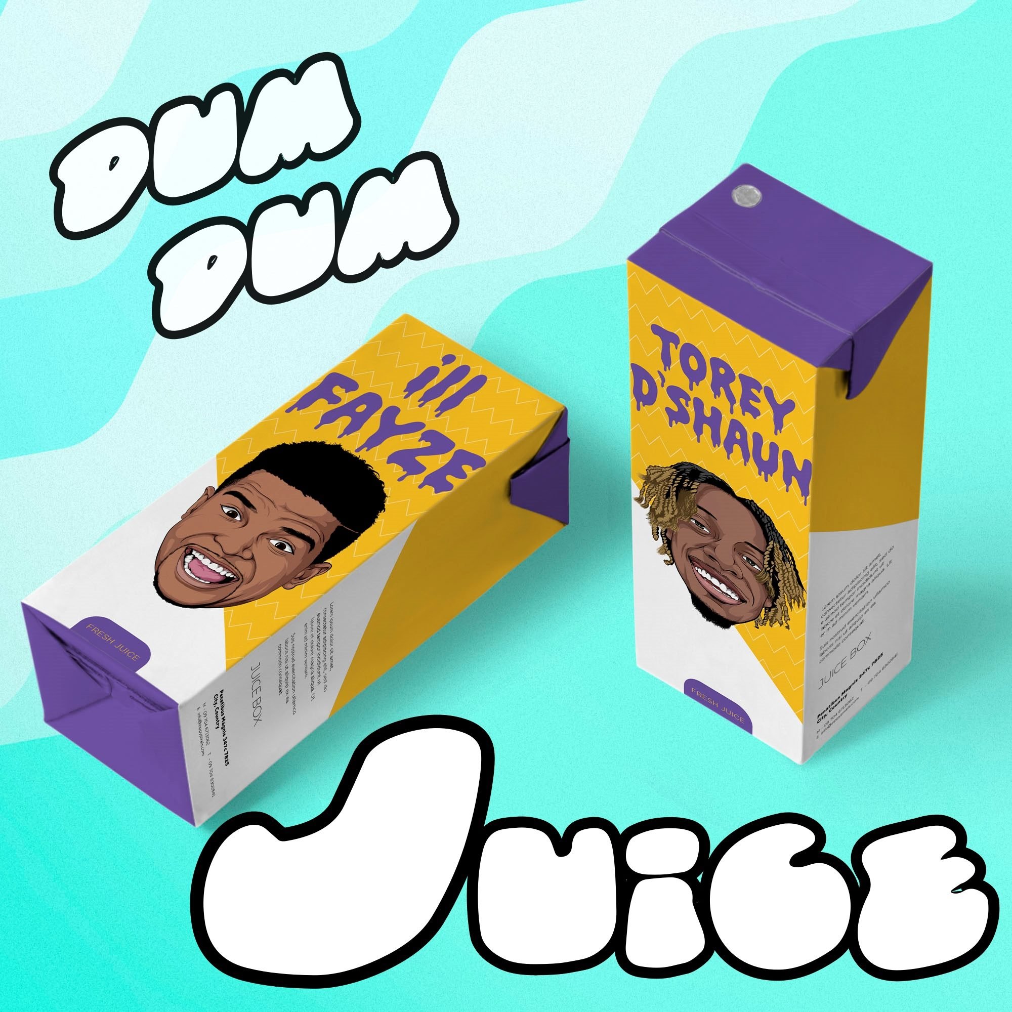 Illustrated juice boxes with cartoon faces, titled 'Dum Dum Juice' on an aqua background.