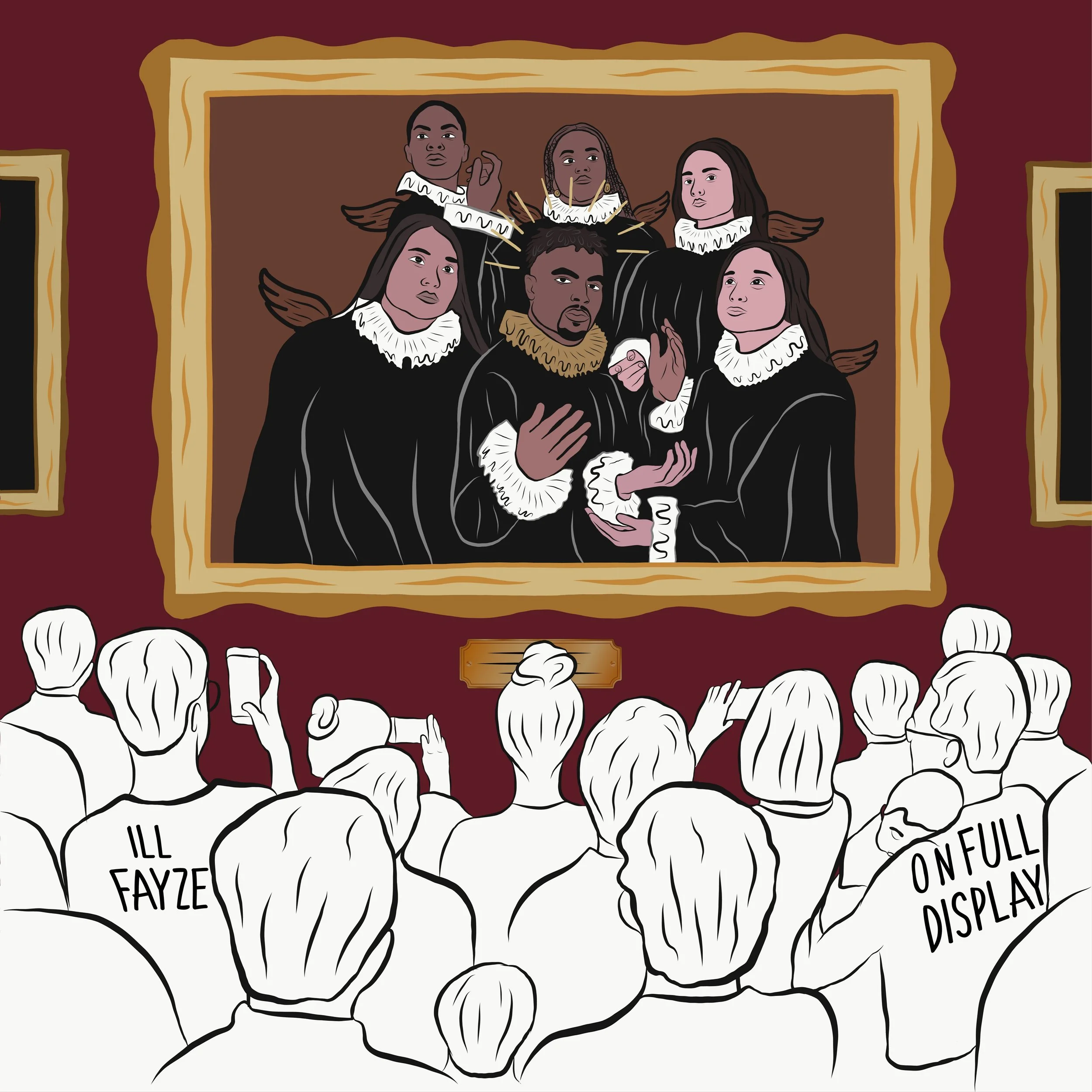EP Cover of "On Full Display" by ill Fayze. Black and white crowd viewing a painting in a gallery with dark red walls. The painting depicts five individuals wearing historical costumes with ruffled collars.