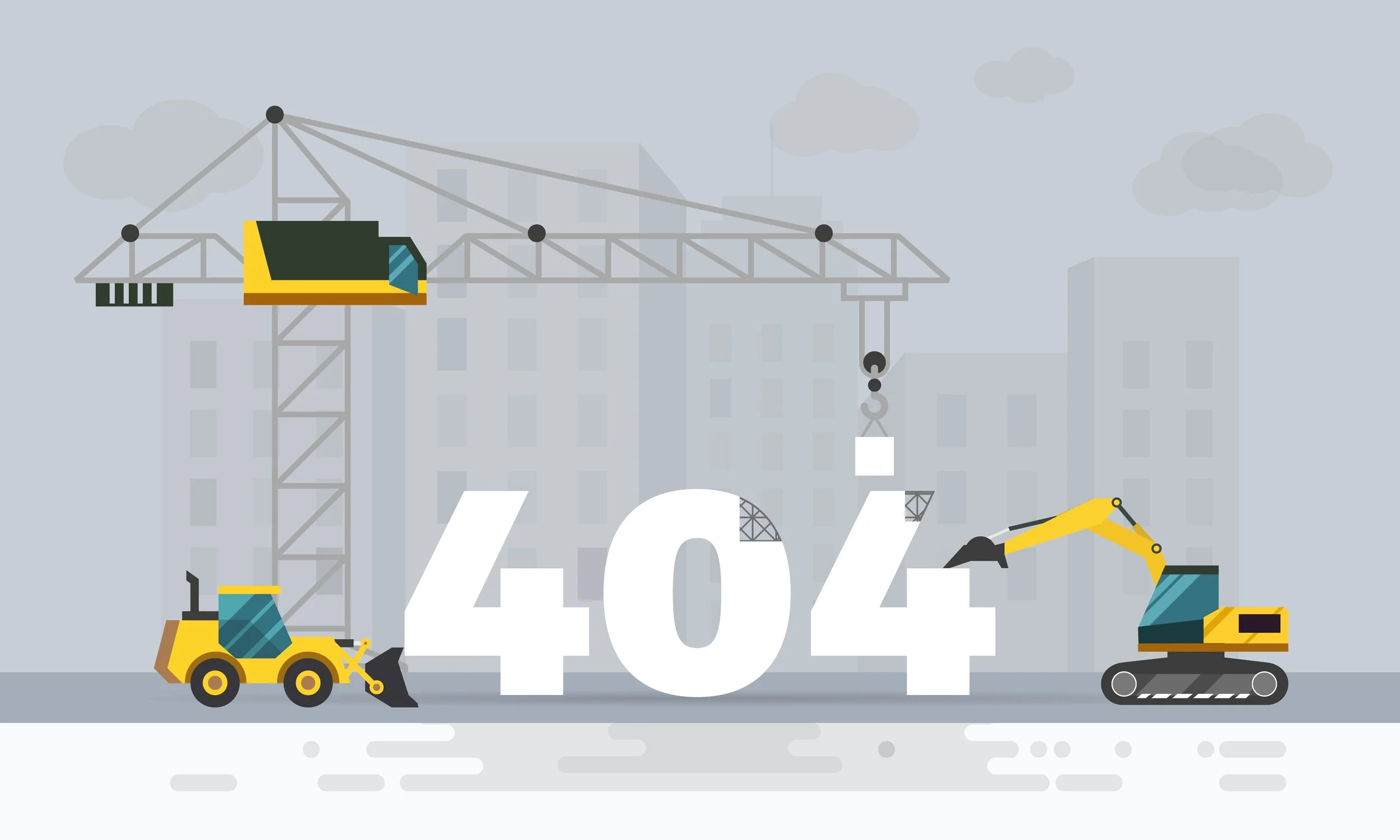 Construction site with a tower crane, bulldozer, and excavator, forming the number 404 on a city street, with buildings and clouds in the background.