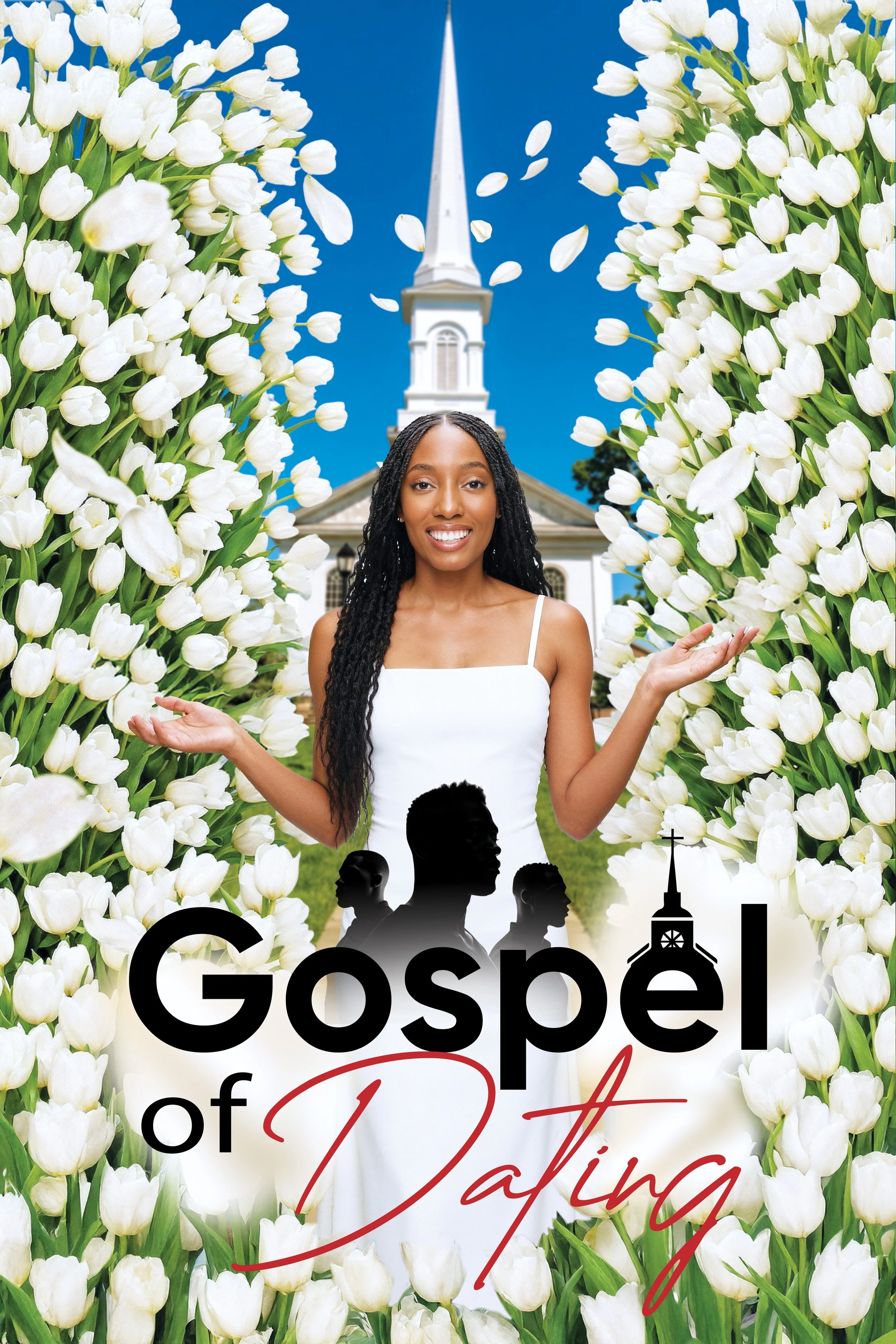 A woman in a white dress standing between white tulips with a church and a bright blue sky in the background. The text on the image reads 'Gospel of Dating' with silhouettes of people in profile.