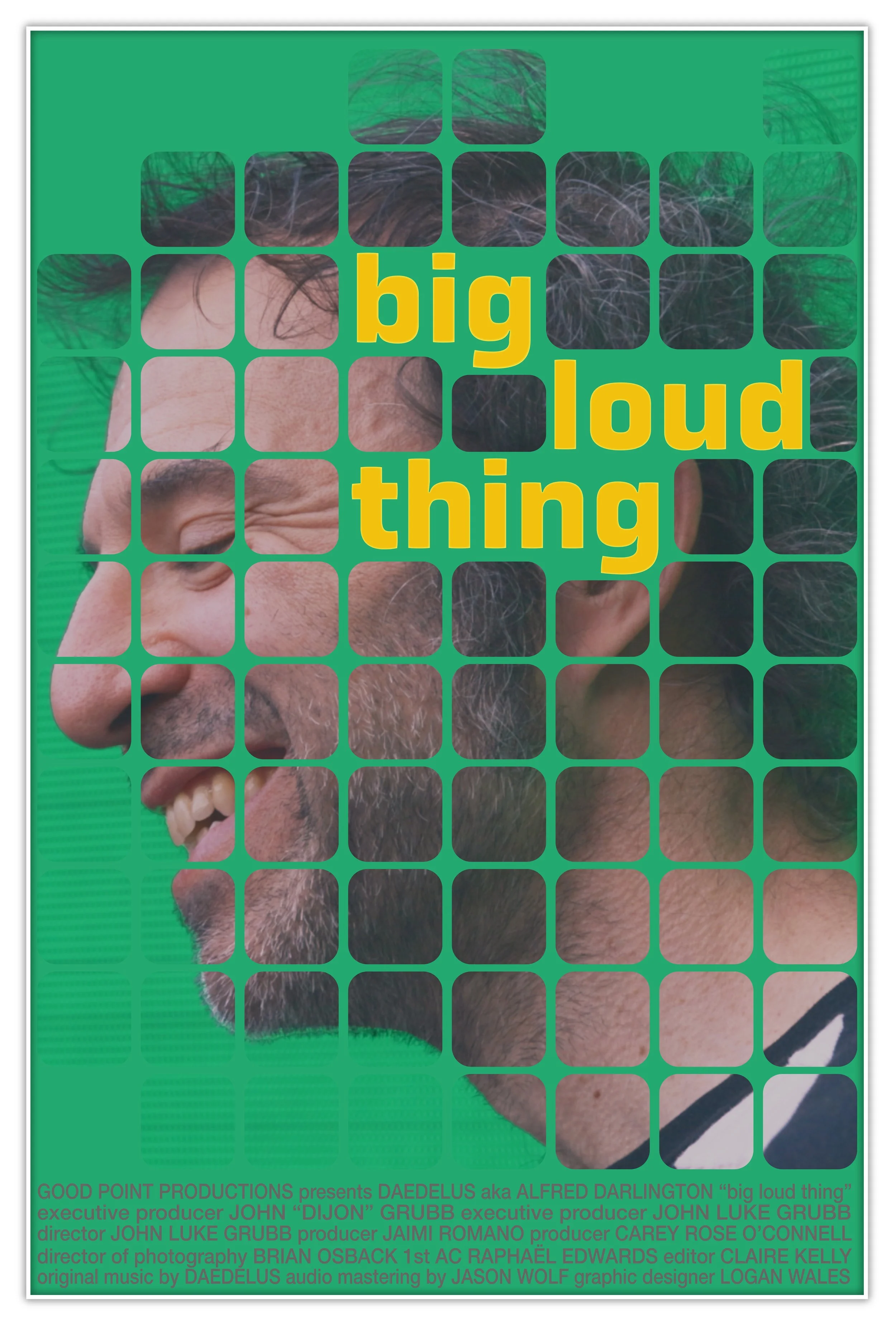 A side profile of a laughing man with a beard and gray hair, overlaid with a grid pattern and the yellow text 'big loud thing' on a green background.