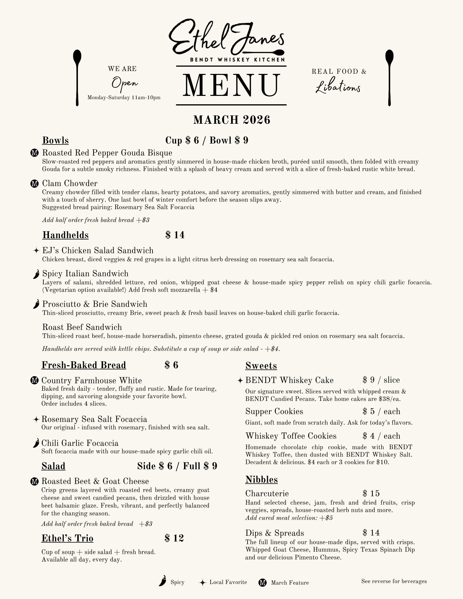 Ethel Janes Bend Whiskey Kitchen menu for March 2026, featuring bowls, handholds, salads, fresh-baked bread, sweets, and nibbles.