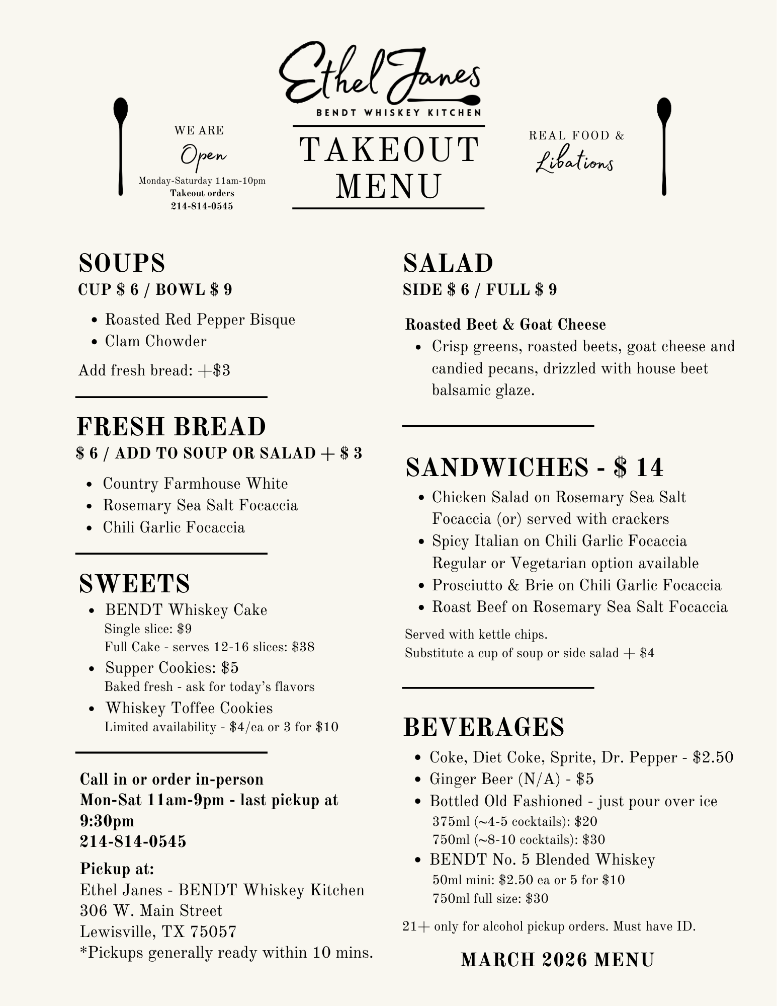 Takeout menu from Ethel Janes BENDT Whiskey Kitchen, listing soups, fresh bread, sweets, salad, sandwiches, and beverages, with operating hours and contact information.