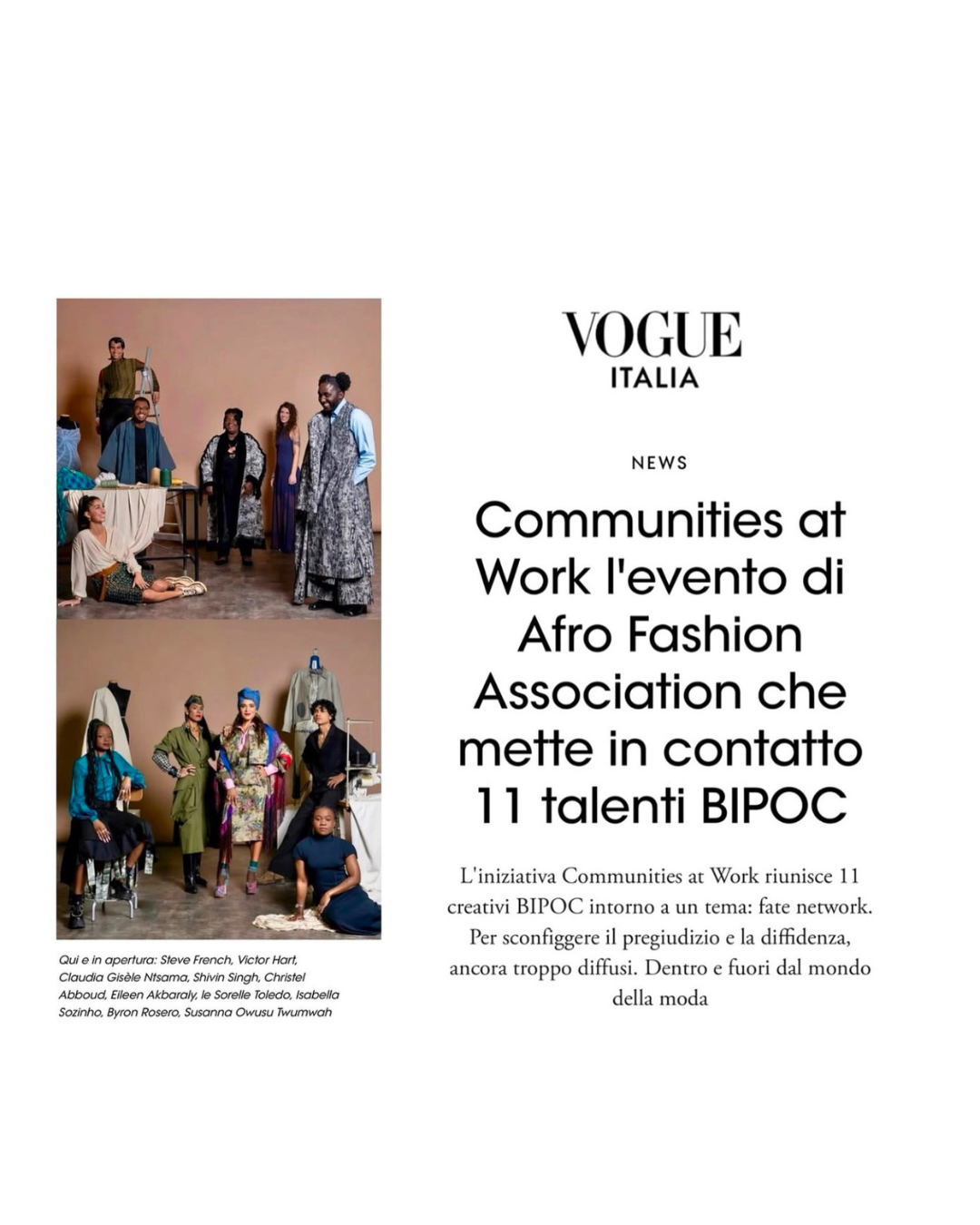 Page from Vogue Italia featuring two photos of diverse models showcasing Afro Fashion, with Italian text describing a community event connecting BIPOC talents around the theme of fate network.