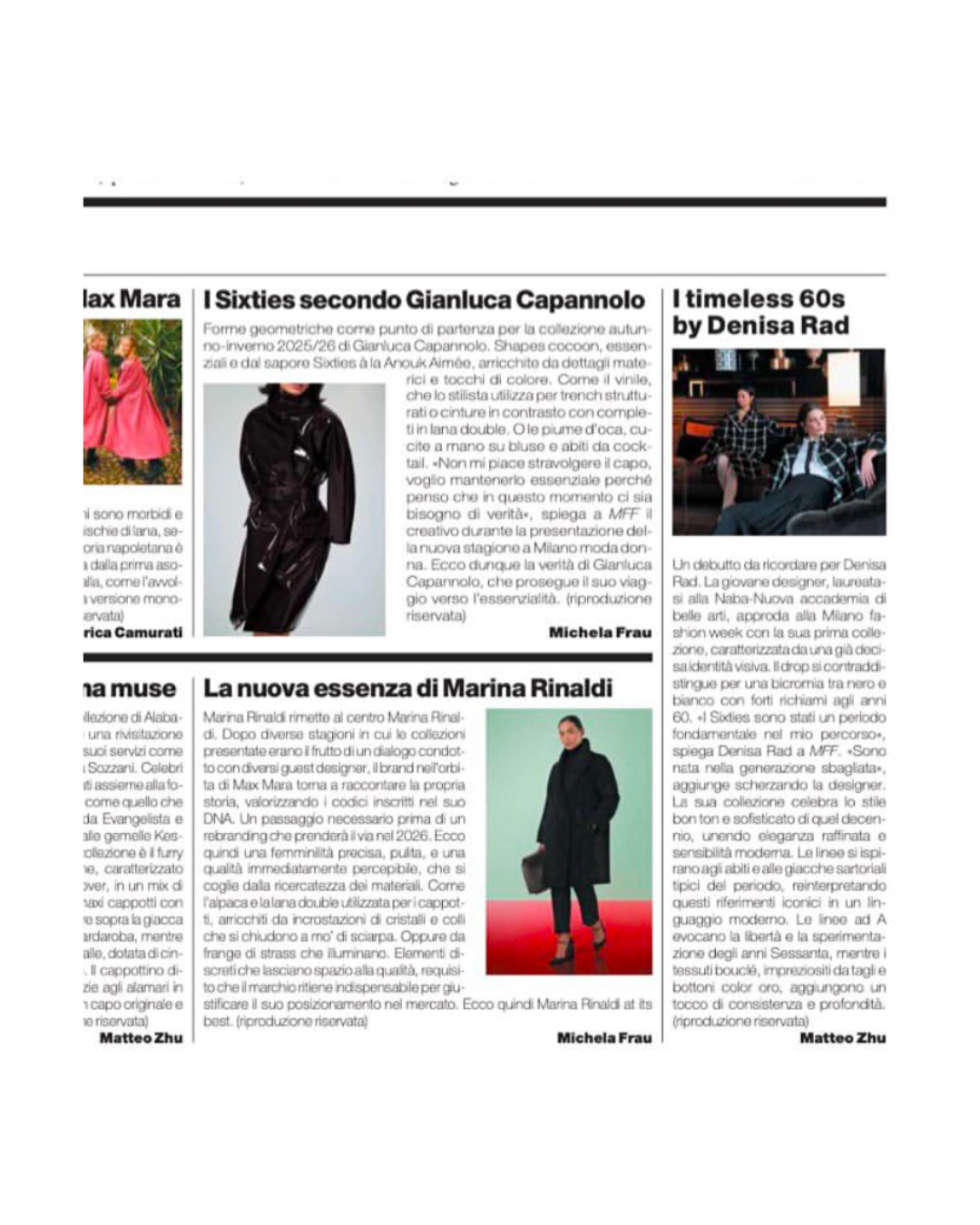 A newspaper page with columns of text and multiple images related to fashion and design, including pictures of models and designers.