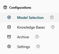 Screenshot of a software interface showing menu options: Model Selection, Knowledge Bases, Archive, and Settings.