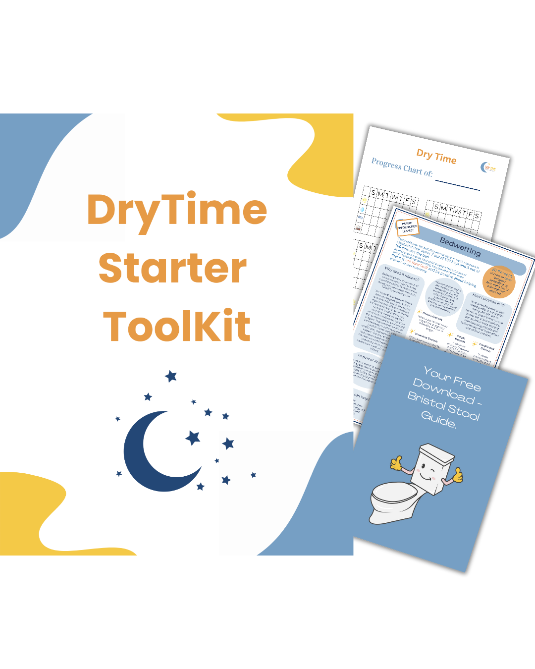 Cover of a Dry Time Starter Toolkit with illustrations of a moon and stars, sheets of charts, and a guide with a cartoon toilet, indicating it is a potty training guide.