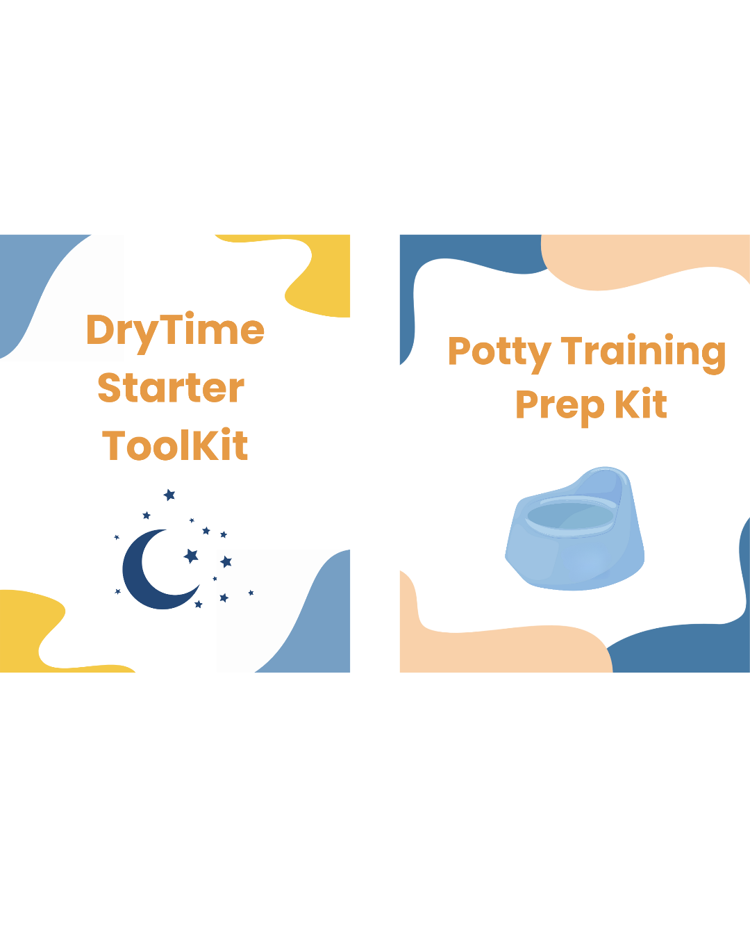 Boxes titled 'DryTime Starter Toolkit' with a moon and stars icon and 'Potty Training Prep Kit' with a potty icon, featuring abstract shapes in blue, yellow, and pink.