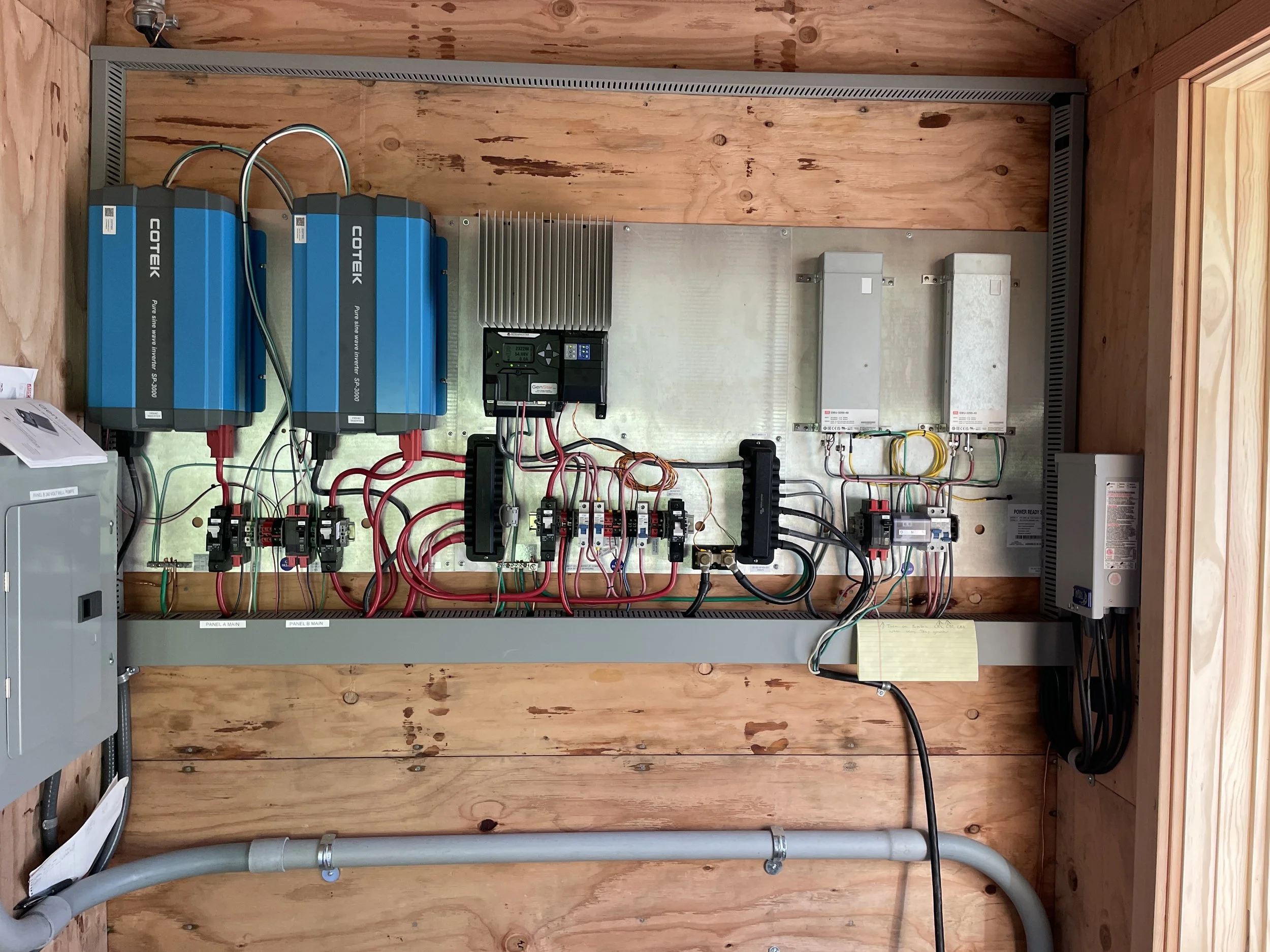Electrical control panel with wiring, circuit breakers, inverters, and meters installed on a wooden wall.