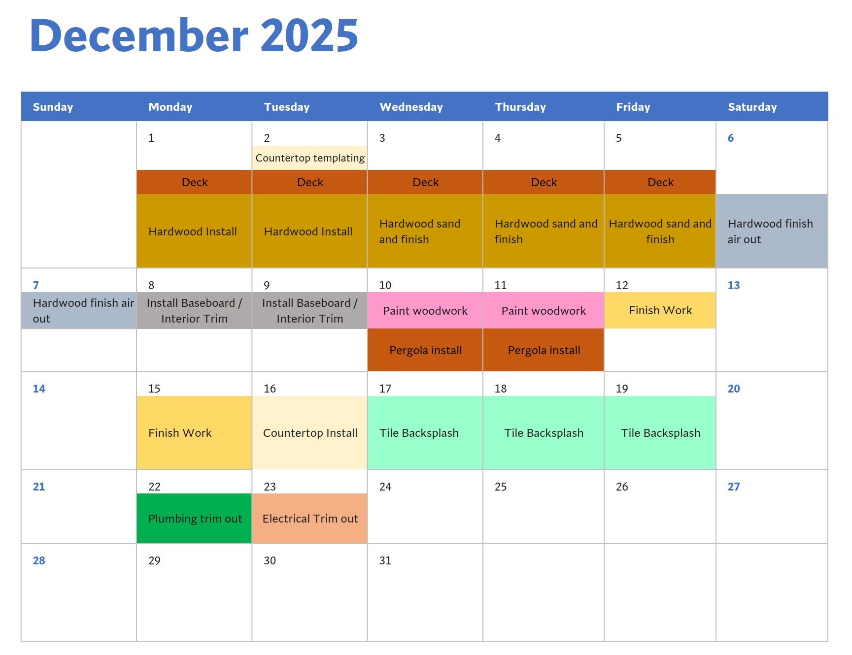 A December 2025 calendar with scheduled tasks including hardwood and tile flooring installation, woodworking, finishing, and trim work, color-coded by task type.