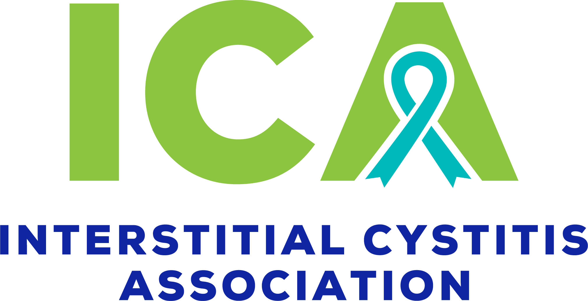 Logo for the Interstitial Cystitis Association featuring the initials ICA in green and blue with a ribbon integrated into the letter A, and the organization name written below.