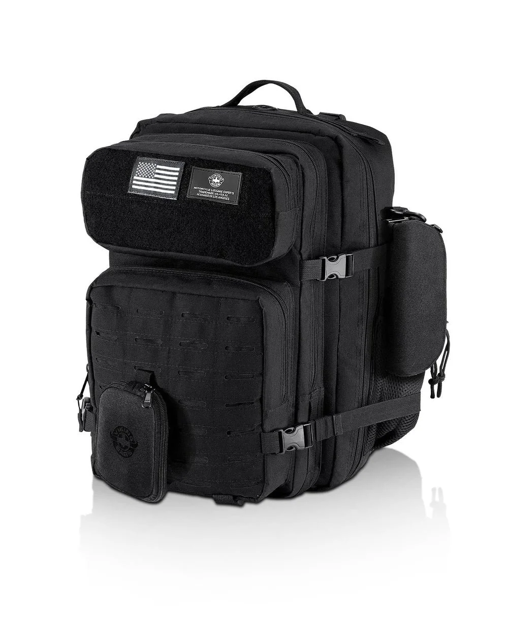 Black tactical backpack with multiple compartments, pouches, and patches including an American flag patch from Viking Bags.