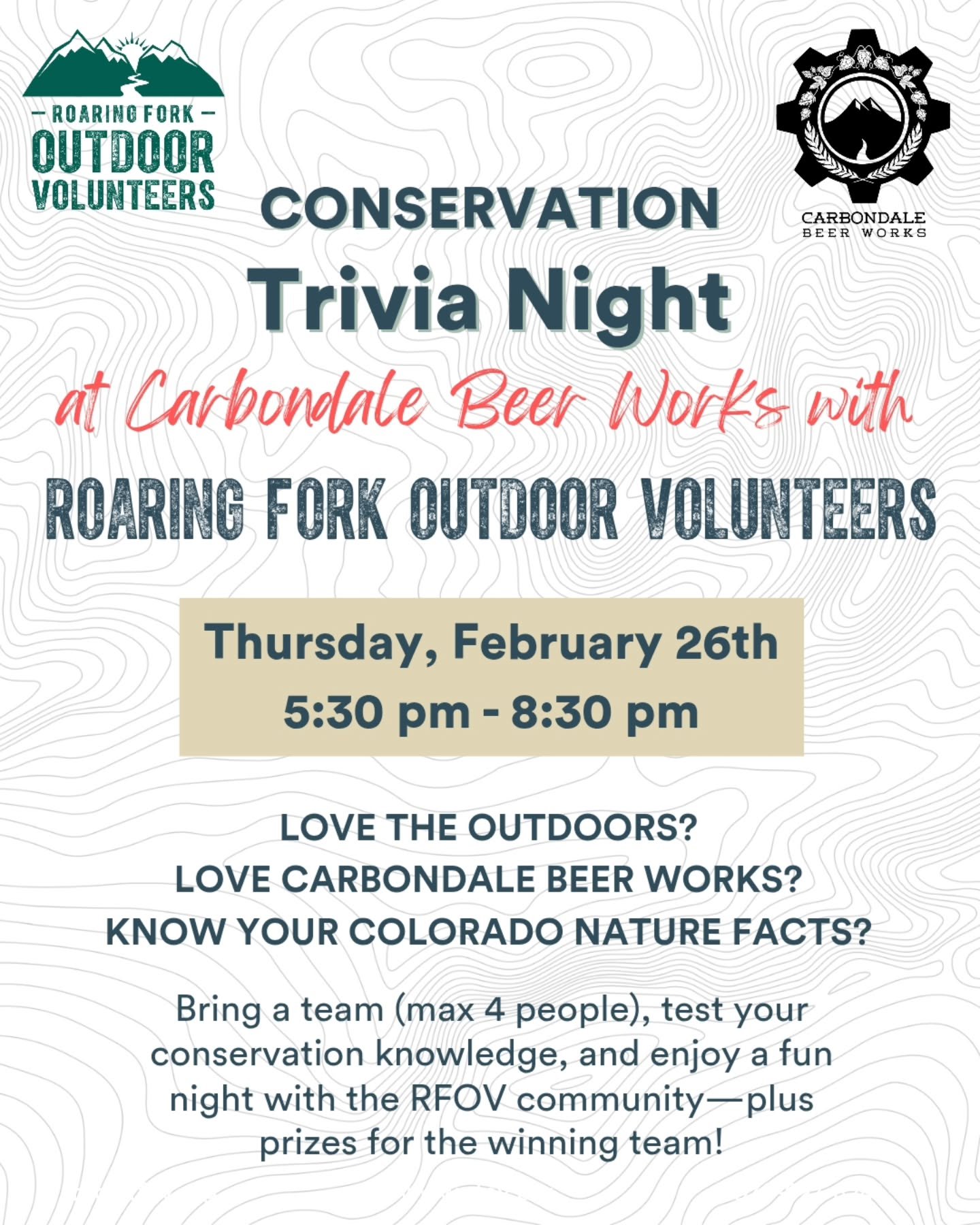Think you know your Colorado trails, wildlife, and public lands? Grab a team (max 4 people), test your conservation knowledge, and enjoy a fun night with the RFOV community at @carbondalebeerworks .

🗓️ Thursday, February 26
🍺 Carbondale Beer Works