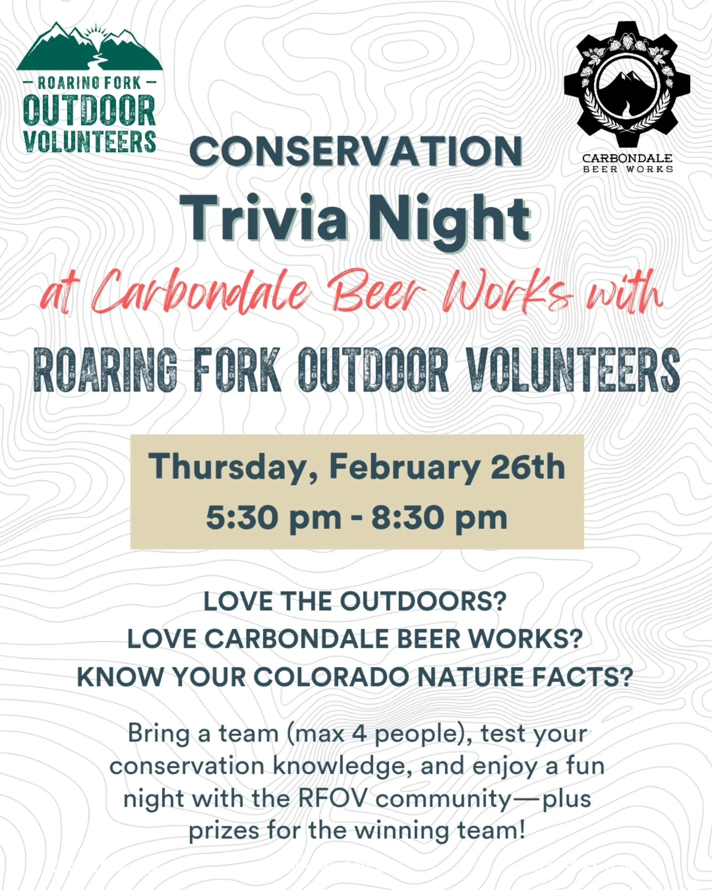 Think you know your Colorado trails, wildlife, and public lands? Grab a team (max 4 people), test your conservation knowledge, and enjoy a fun night with the RFOV community at @carbondalebeerworks .

🗓️ Thursday, February 26
🍺 Carbondale Beer Works