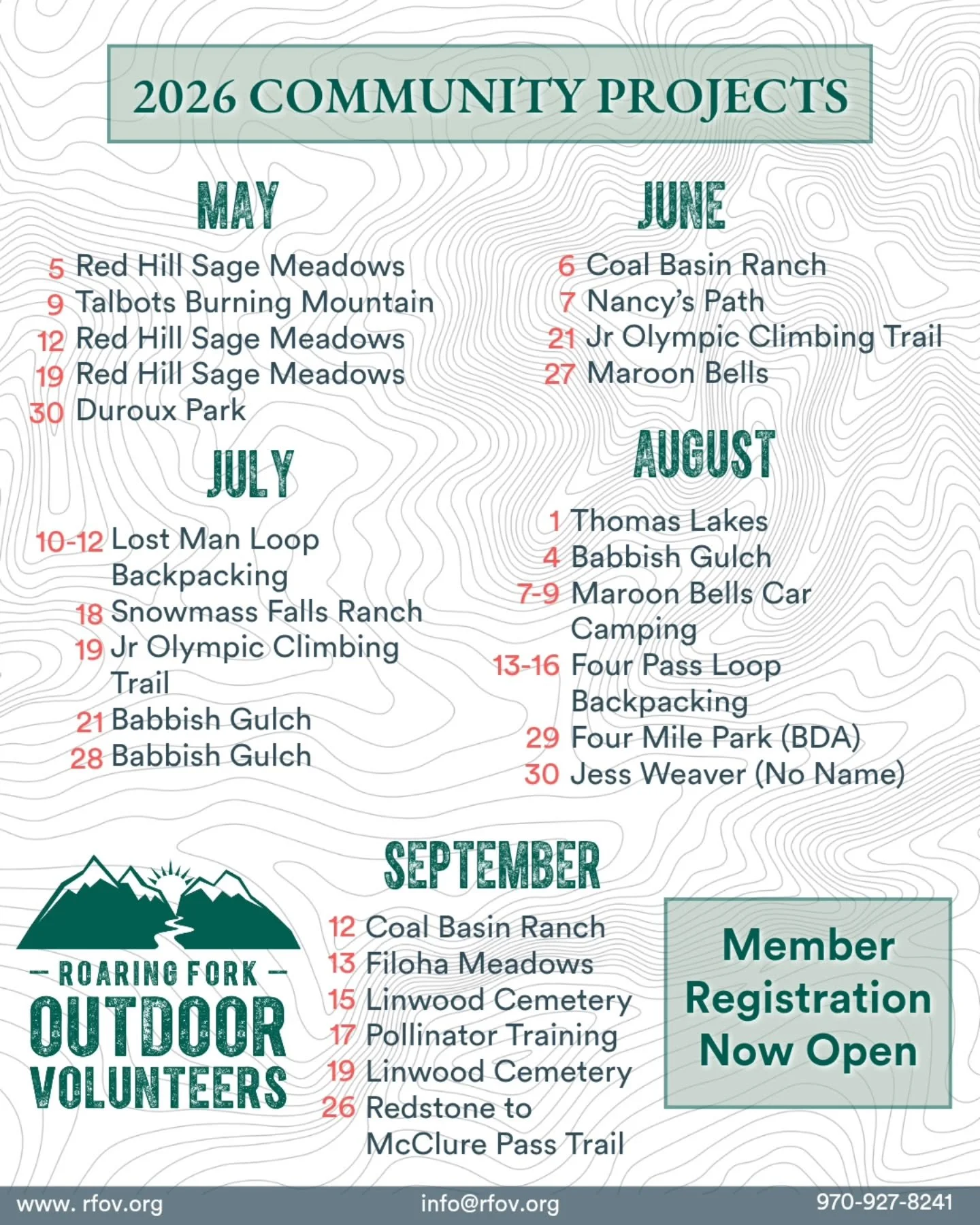 Member registration is officially OPEN!

RFOV Members get exclusive early access to sign up for 2026 projects &mdash; more than two weeks before general registration opens in April. Use your member code to lock in your spots now!

Our full season cal