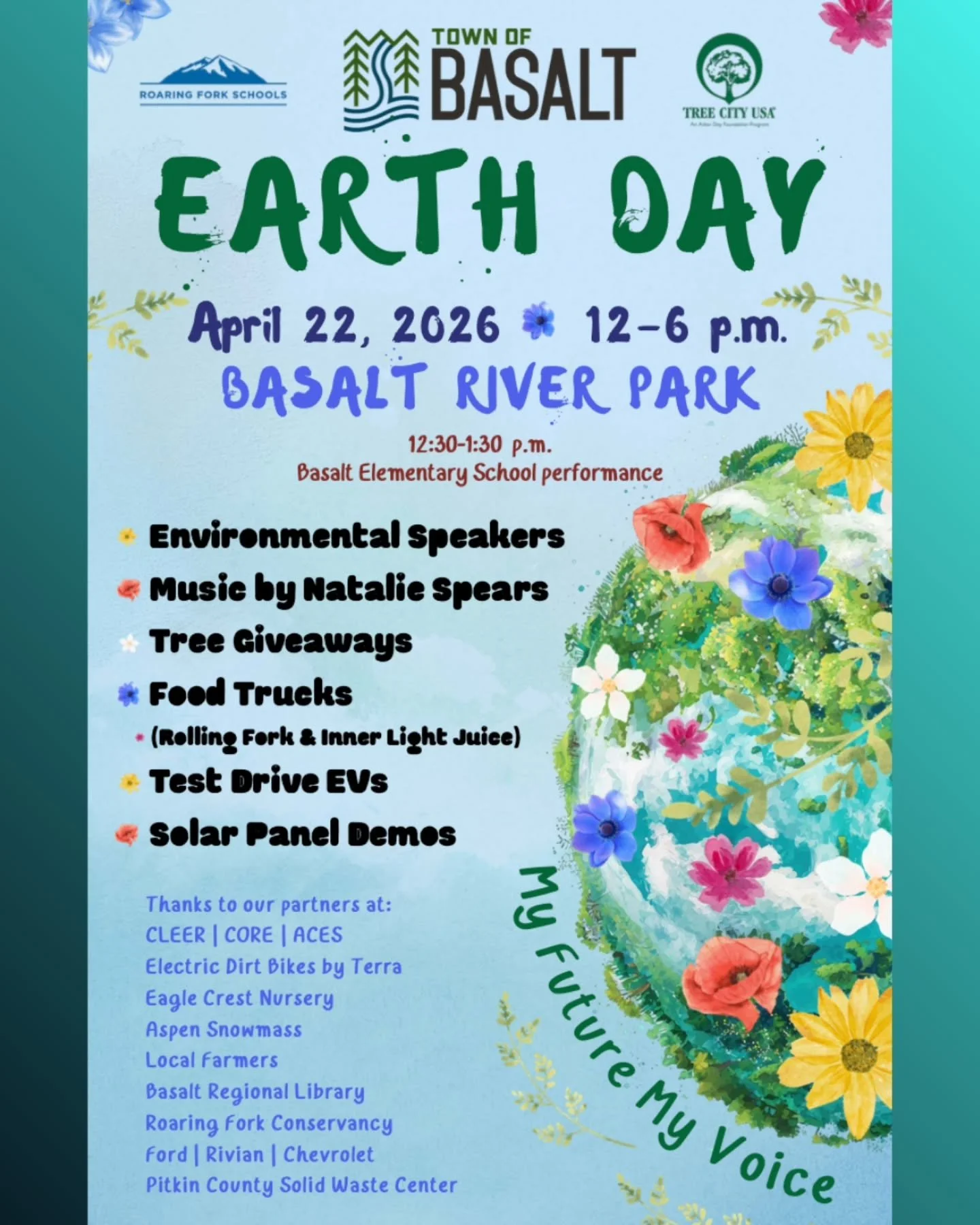 Come celebrate Earth Day with us at Basalt River Park!

We'll be there Wednesday April 22 from noon - 6pm and the them is "My Future, My Voice". Stop by our table to make seed bombs, grab some stickers and giveaways, and learn about our ste