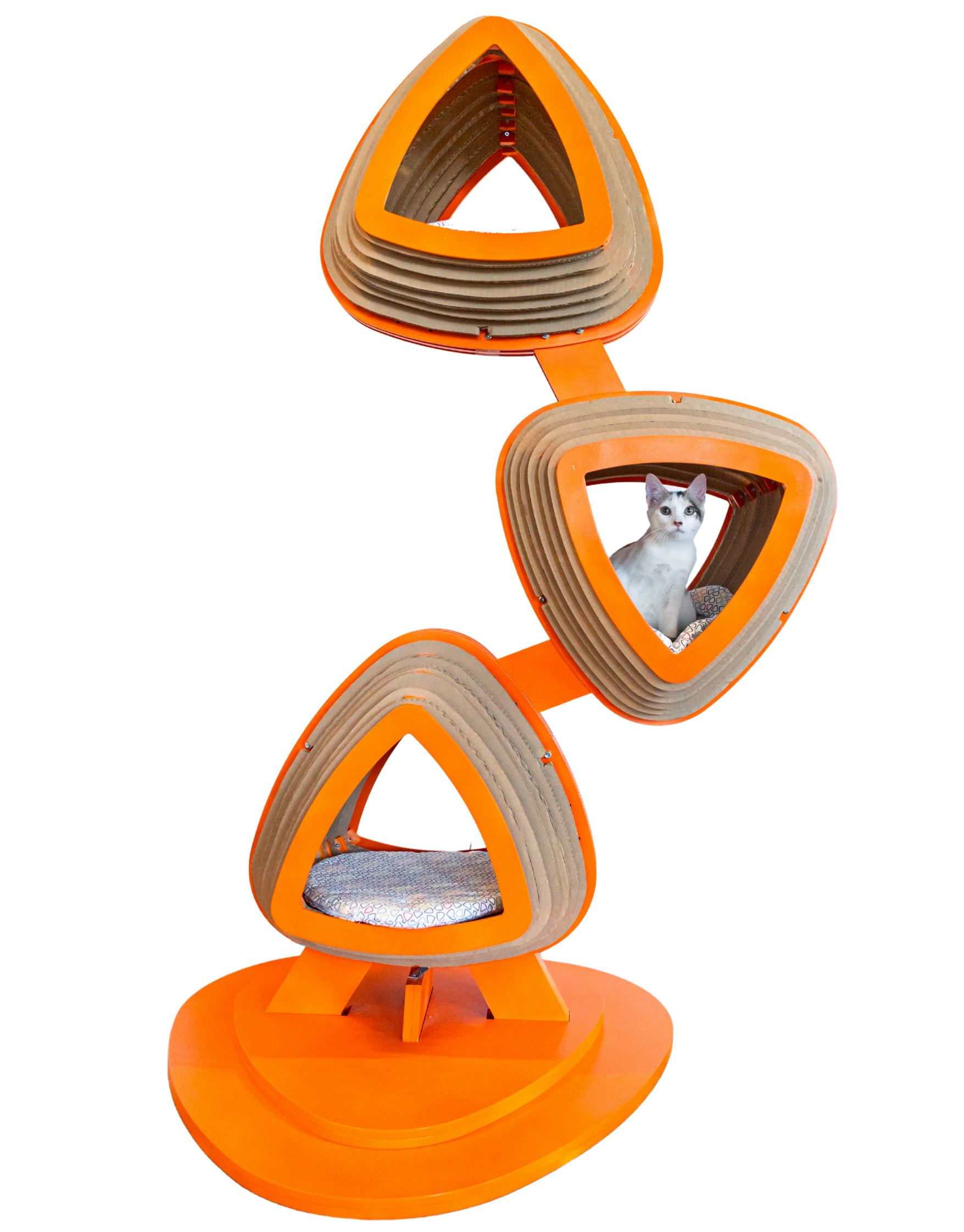 A modern orange wooden cat tree with three platforms, each with a triangular opening, and a cat sitting on the middle platform.