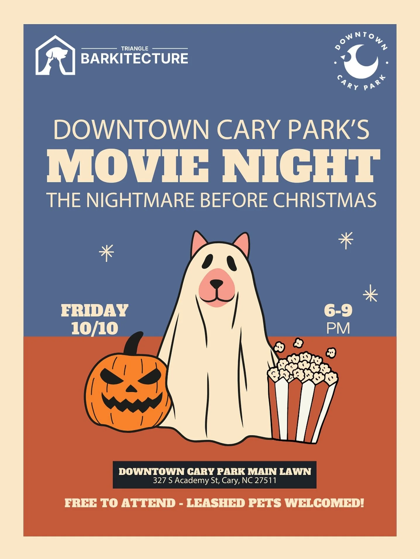 👻🎃🐾 There is Zero chance you&rsquo;ll want to miss next Friday&rsquo;s Downtown Cary Park Movie Night!

Join us under the stars for Disney&rsquo;s The Nightmare Before Christmas &mdash; the purrfect kickoff to Triangle Barkitecture the very next d