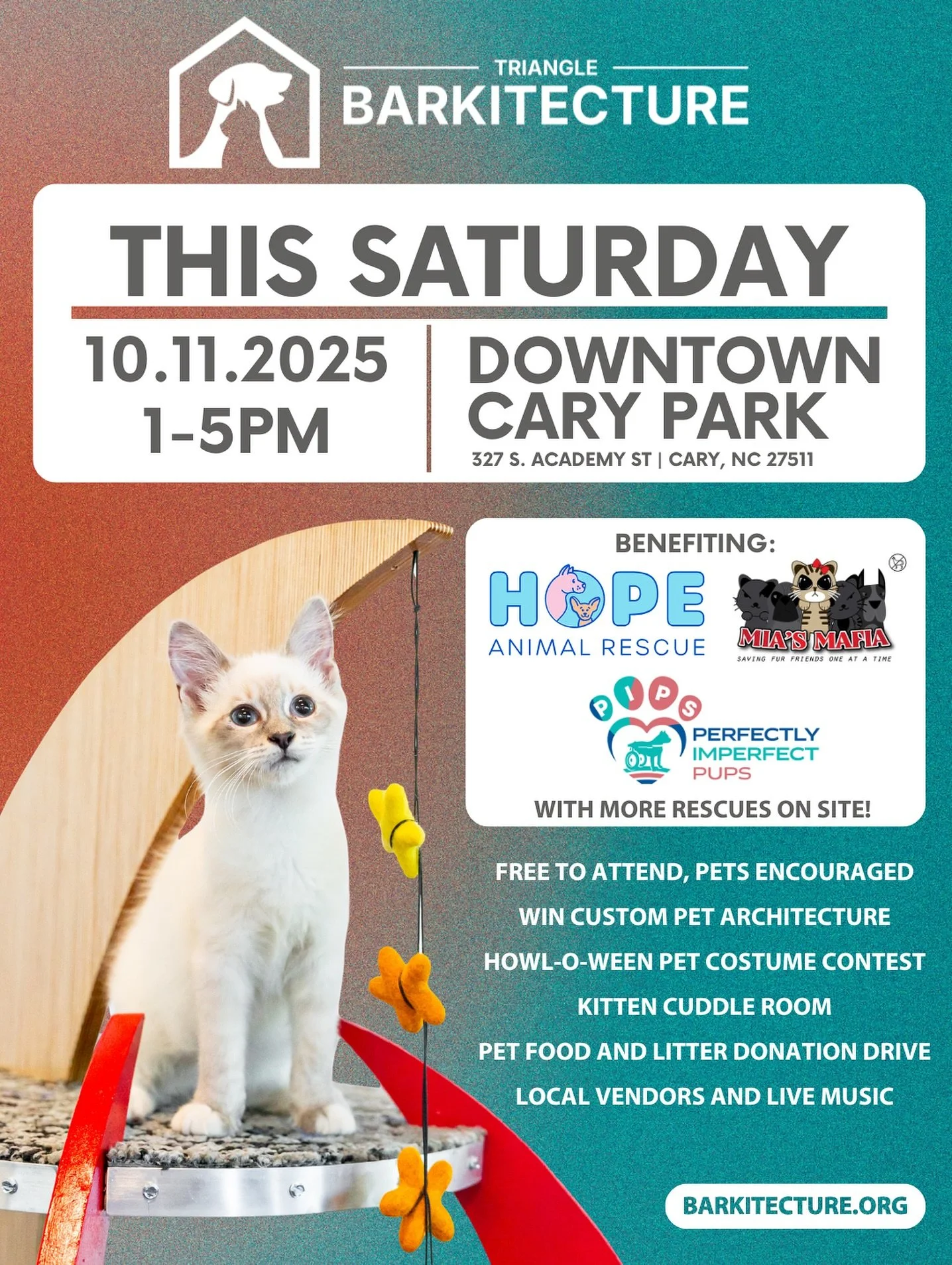 🐾 Get ready for a howl-lotta fun this Saturday!
Triangle Barkitecture is back at Downtown Cary Park (1&ndash;5 PM) &mdash; where creativity goes off-leash!

🏠 Custom pet architecture to bid on
🎃 Howl-o-Ween Pet Costume Contest
🛻 Stuff the Trunk P