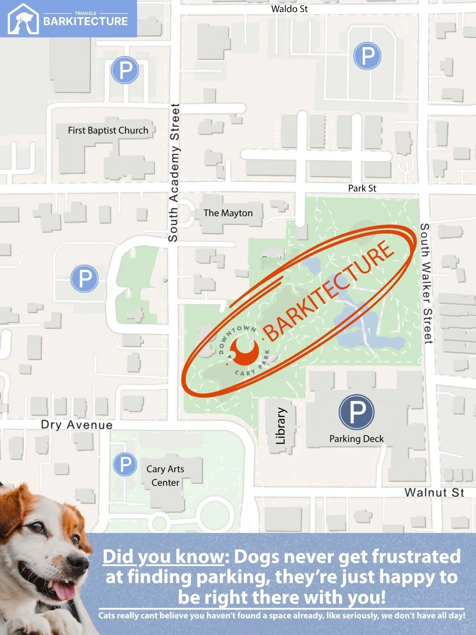 We love talking about pets and architecture, but PARKING has to be a close third in priorities! 

We get it - parking for big events can be frustrating, but we promise you'll be rewarded with enough puppy and kitten kisses to make it all worth it!

T