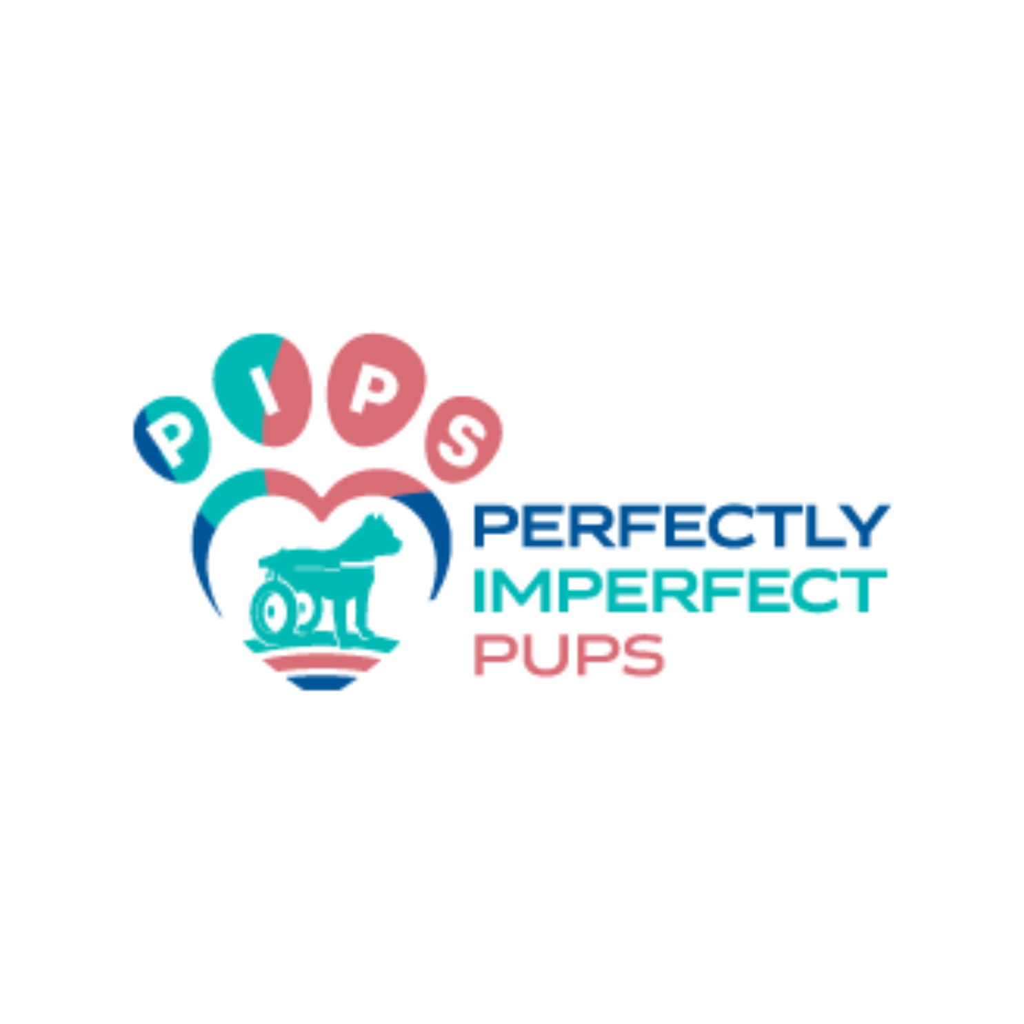 Logo for 'Perfectly Imperfect Pups' featuring a paw print with the letters P, I, P, S in colored circles, and a stylized image of a puppy with the words 'PERFECTLY IMPERFECT PUPS' next to it.