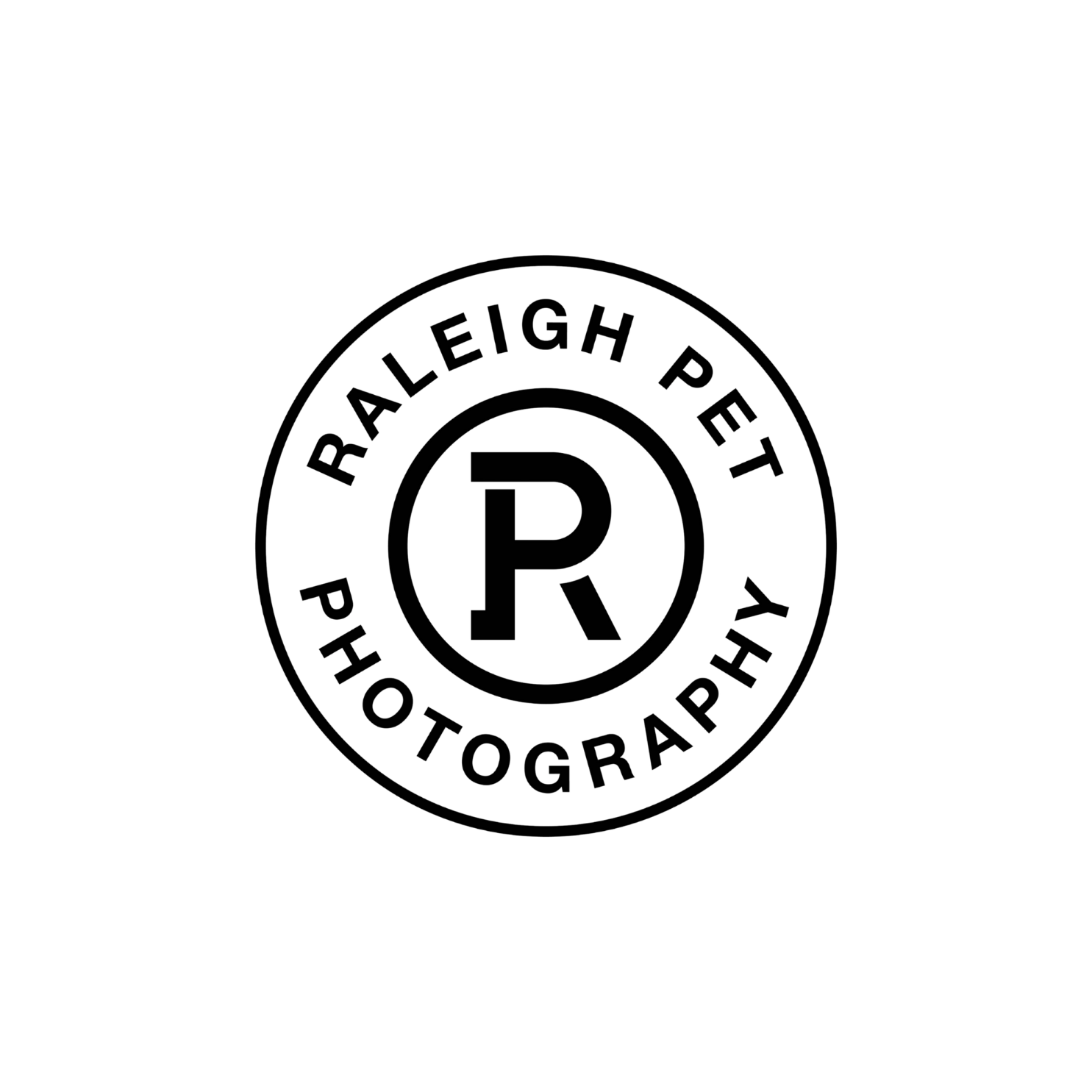 Black and white professional logo of Raleigh Pet Photography featuring a circular design with the text 'Raleigh Pet Photography' around a central monogram with an 'R' and a paw print inside.