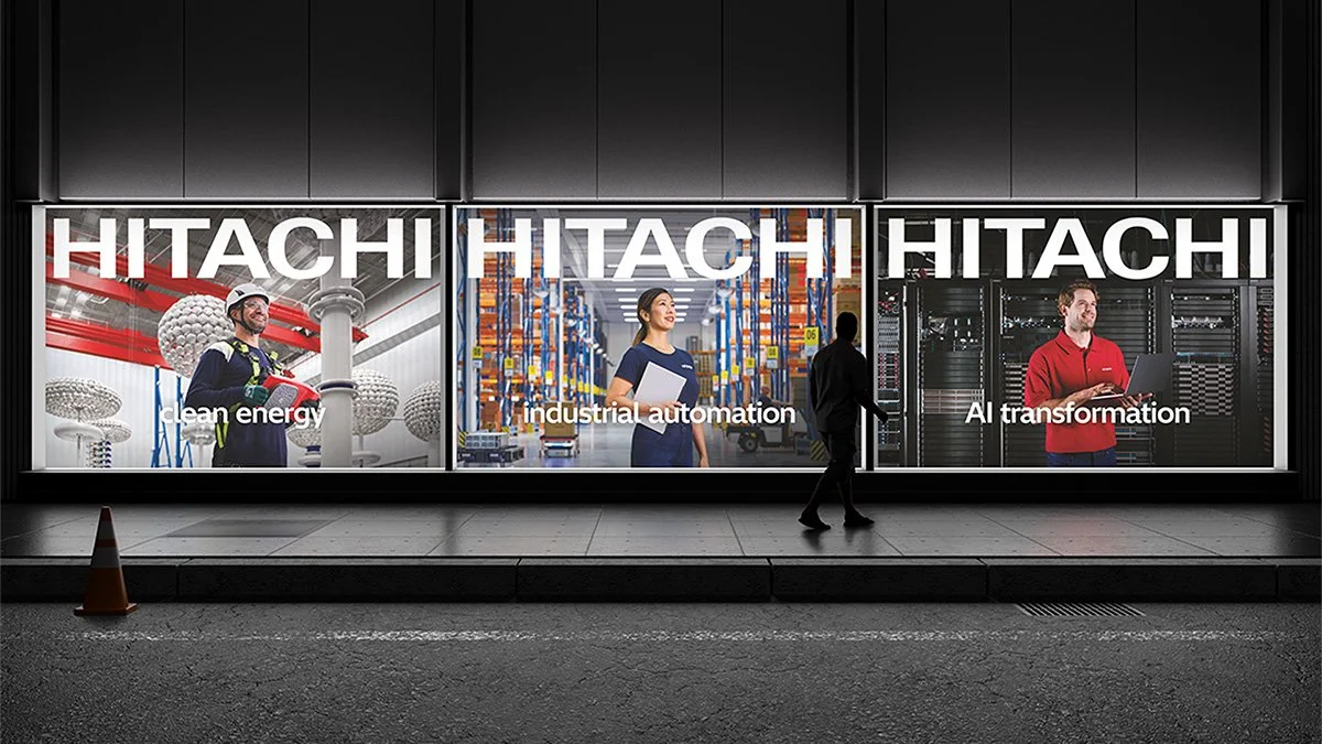 A night time view of three billboards featuring Hitachi's 'Inspire the next' campaign