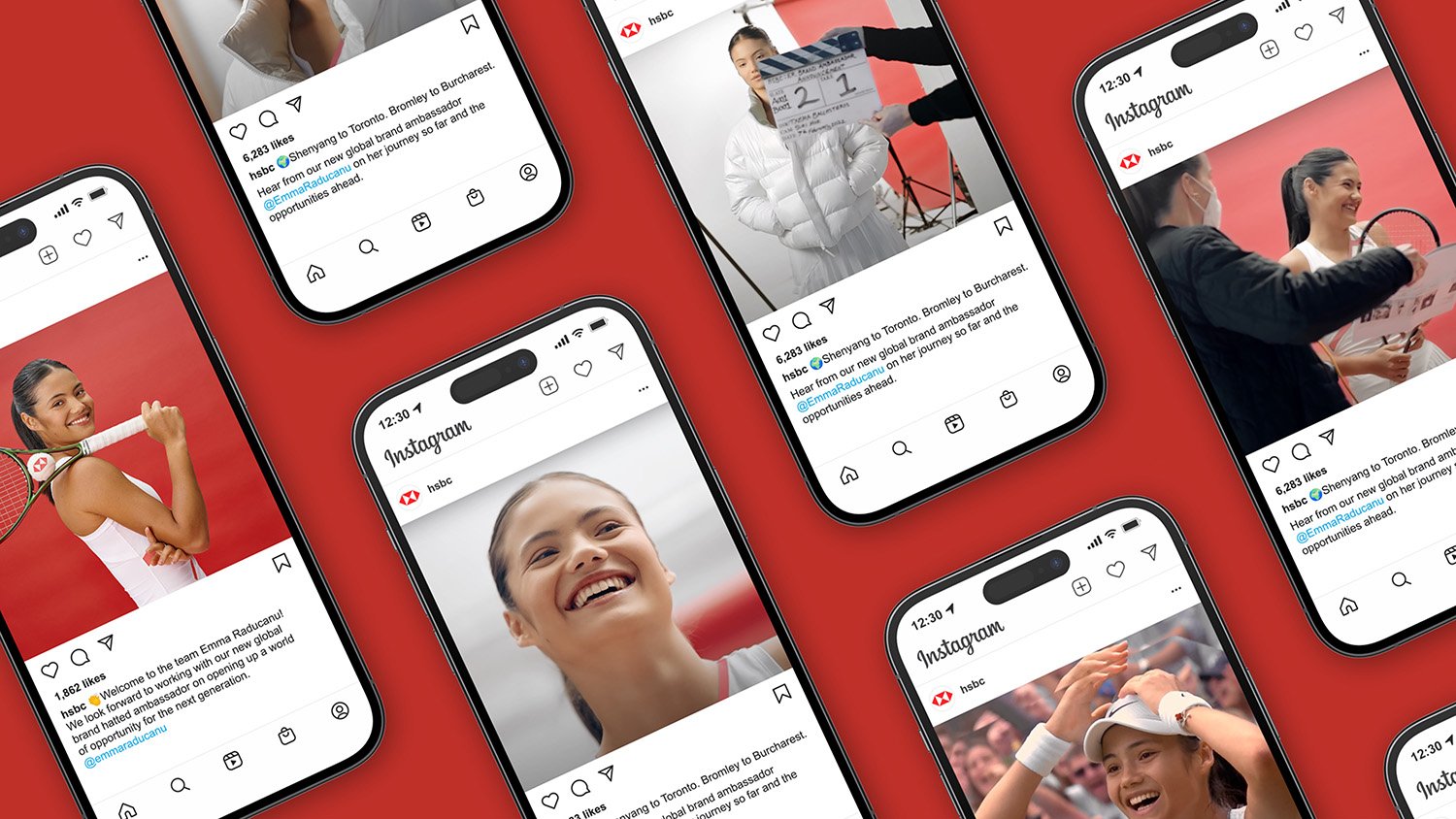 A series of smart phones on a red background showing tennis player Emma Raducanu for HSBC