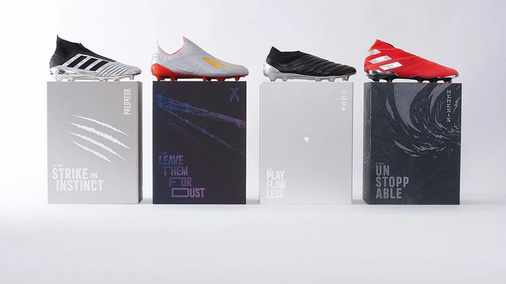 PR seeding kit boxes and shoes for the adidas football boot range