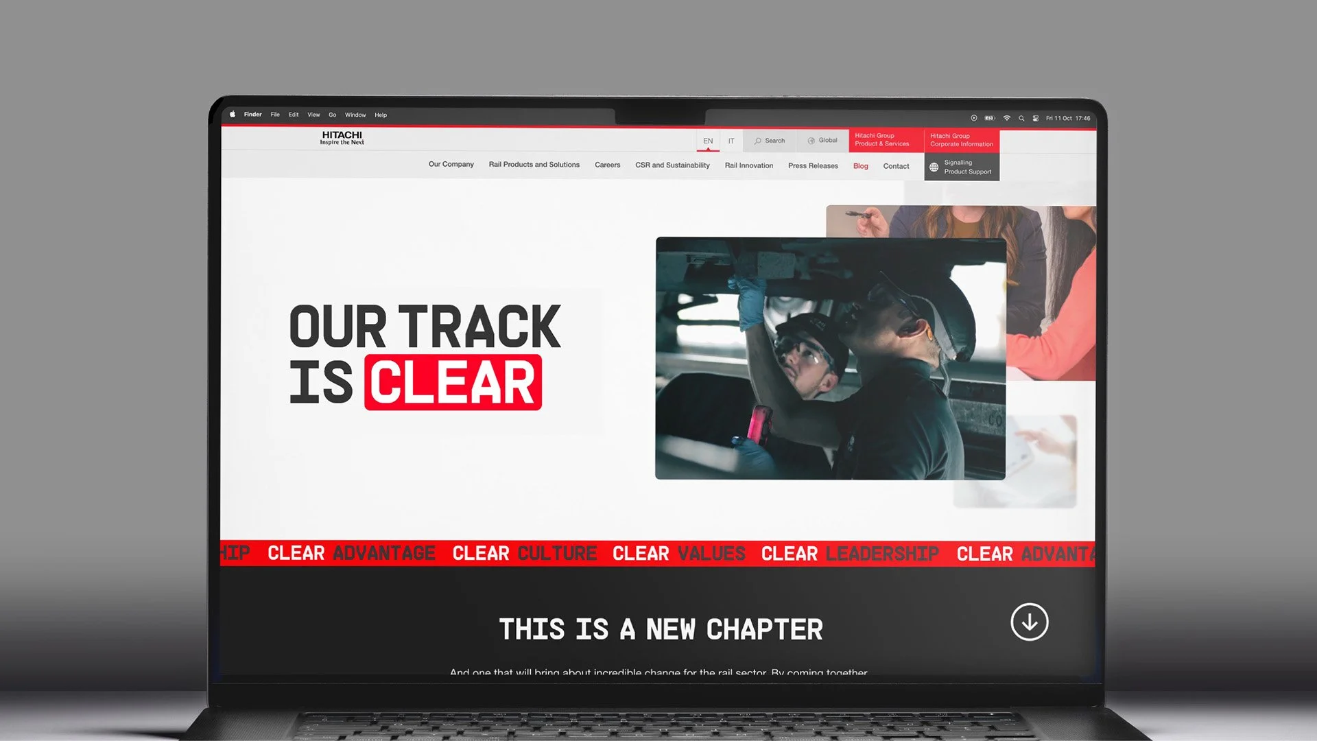 A laptop showing the website for the Hitachi Rail merger campaign