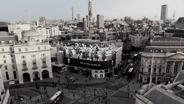 Aerial drone footage showing a film for Team GB on the iconic Piccadilly Circus screens in London