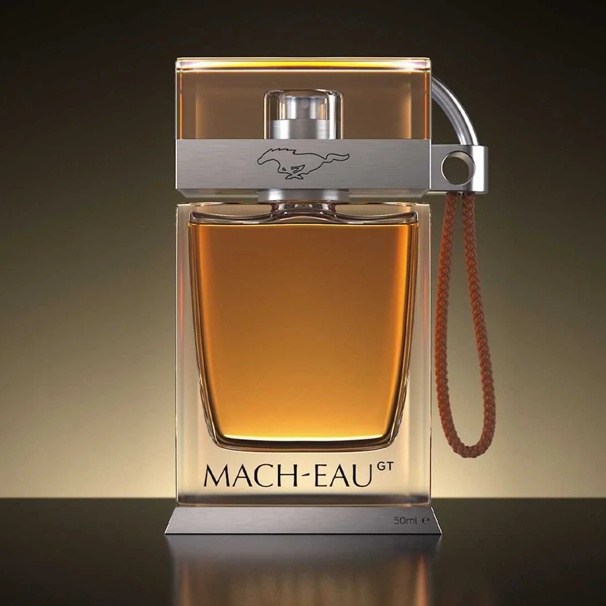 Image of a perfume bottle, a PR spoof called Ford Mach-Eau, created for the launch of the Ford Mustang Mach-E