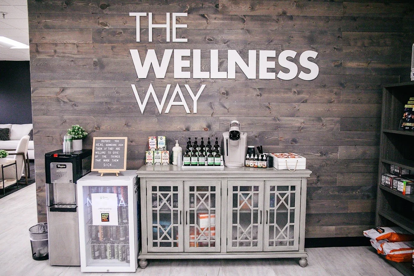 Wellness center lobby with products and refreshments