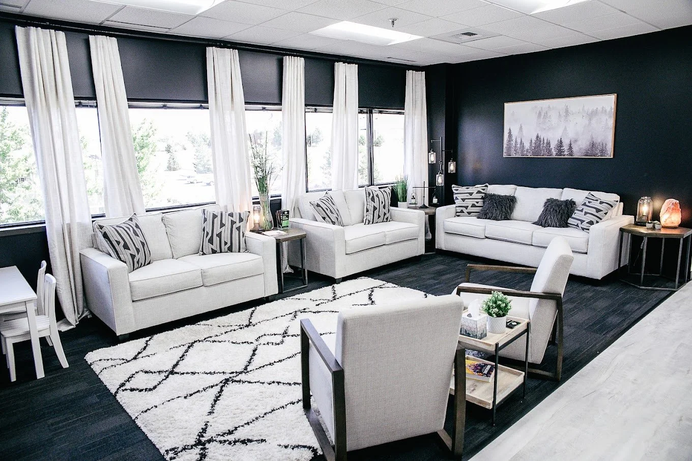 Modern living room with white sofas, black walls, large windows, sheer white curtains, geometric rug, and decorative plants.