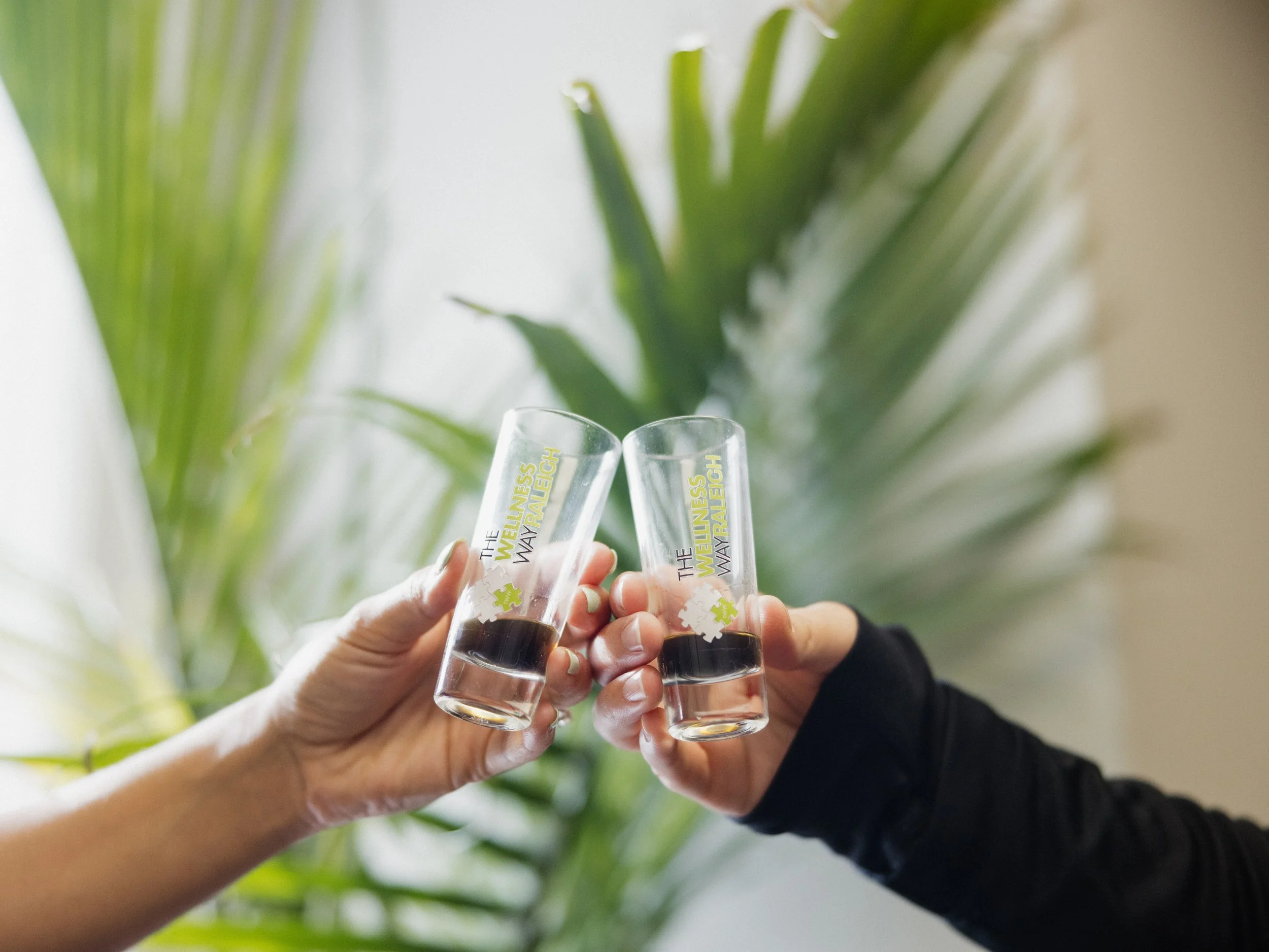 Two people clinking glasses in front of a green leafy background
