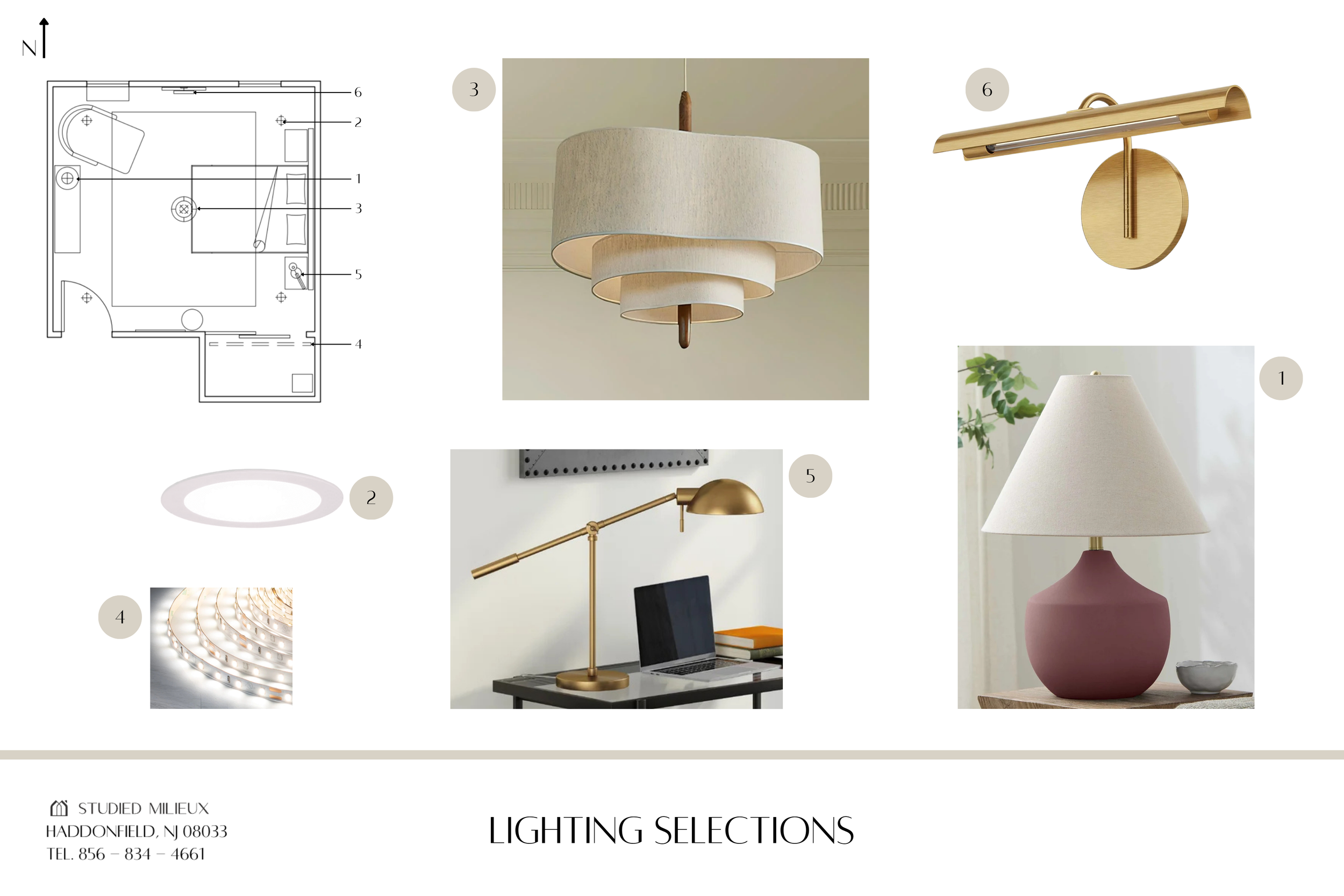 Lighting Selections Curated bedroom lighting selections with brass and warm-toned fixtures — Studied Milieux, Haddonfield NJ