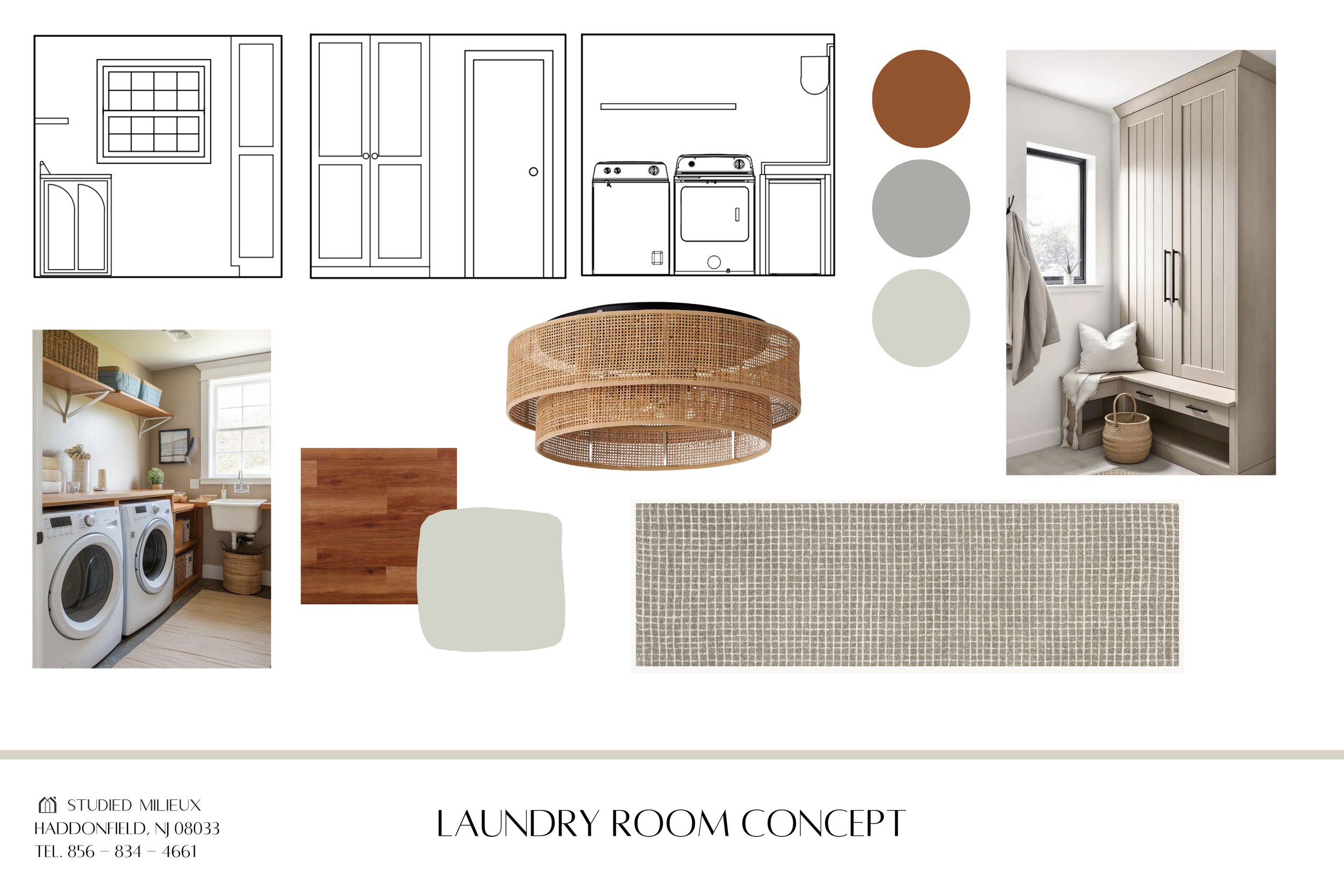 Laundry room concept board with warm neutrals, rattan pendant, and custom storage solutions — Studied Milieux interior design, South Jersey